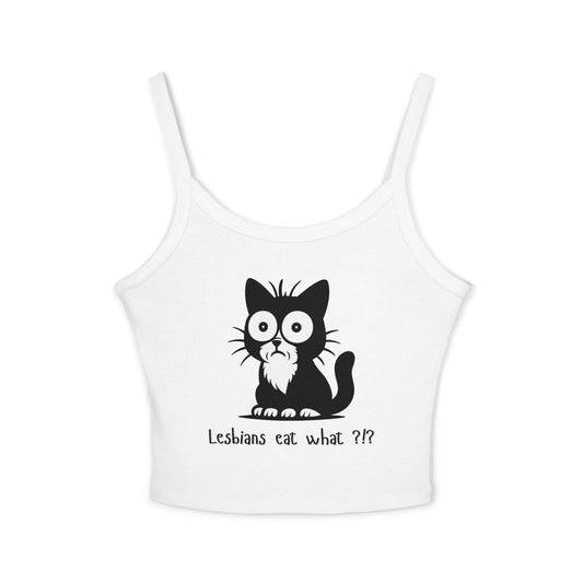 Front view of white cropped tank with black surprised cat print and "Lesbians eat what??" text