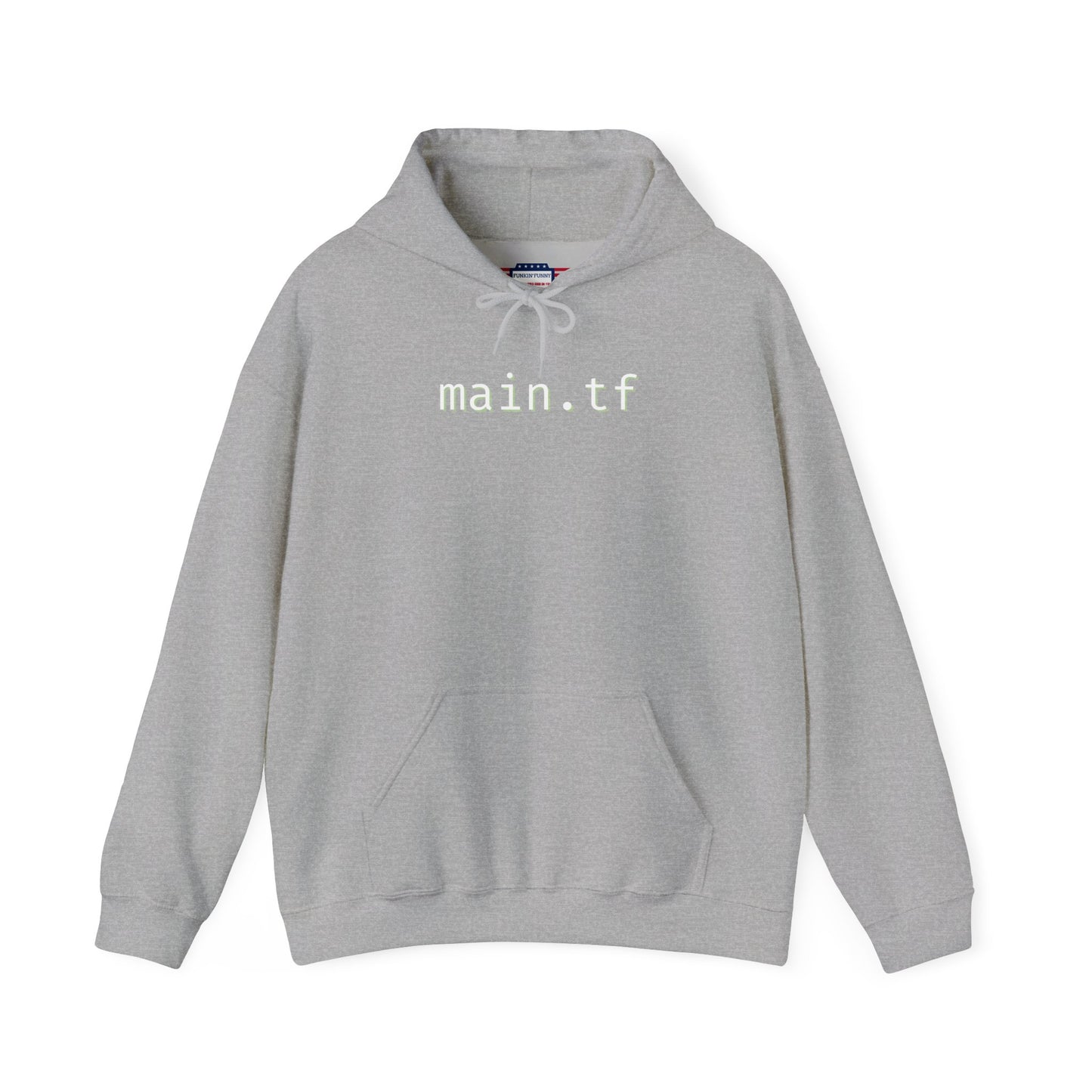 Front view of gray main.tf hoodie, white "main.tf" print popping on sport grey fabric