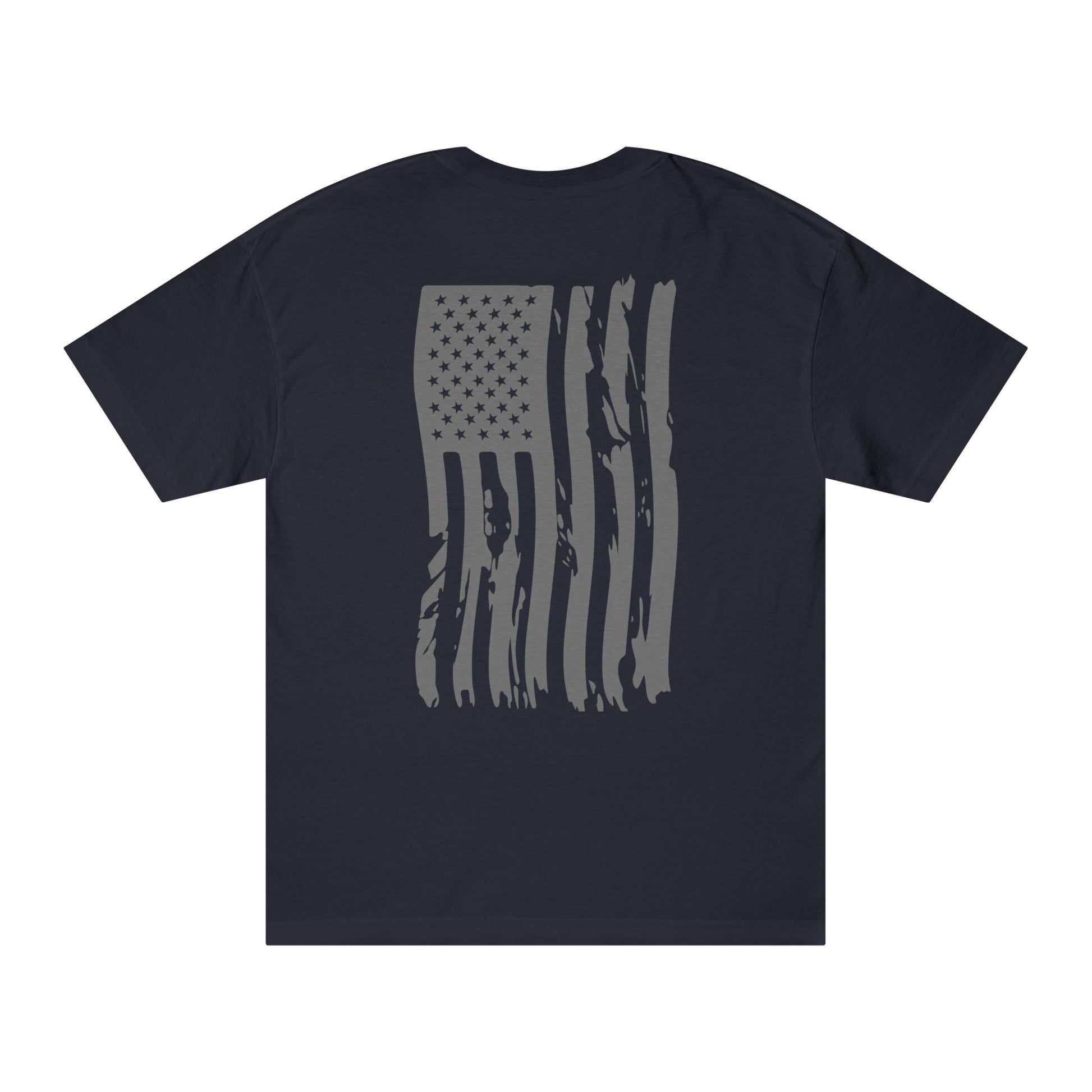 Back view of navy 'Paws for Freedom' unisex tee with large distressed gray American flag print