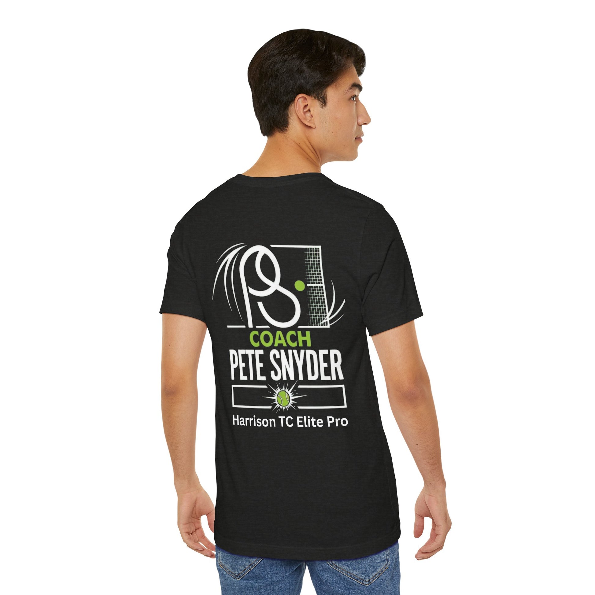 Man model back view of black Coach Pete Snyder tee, white tennis racket graphic with "COACH PETE SNYDER Harrison TC Elite Pro"