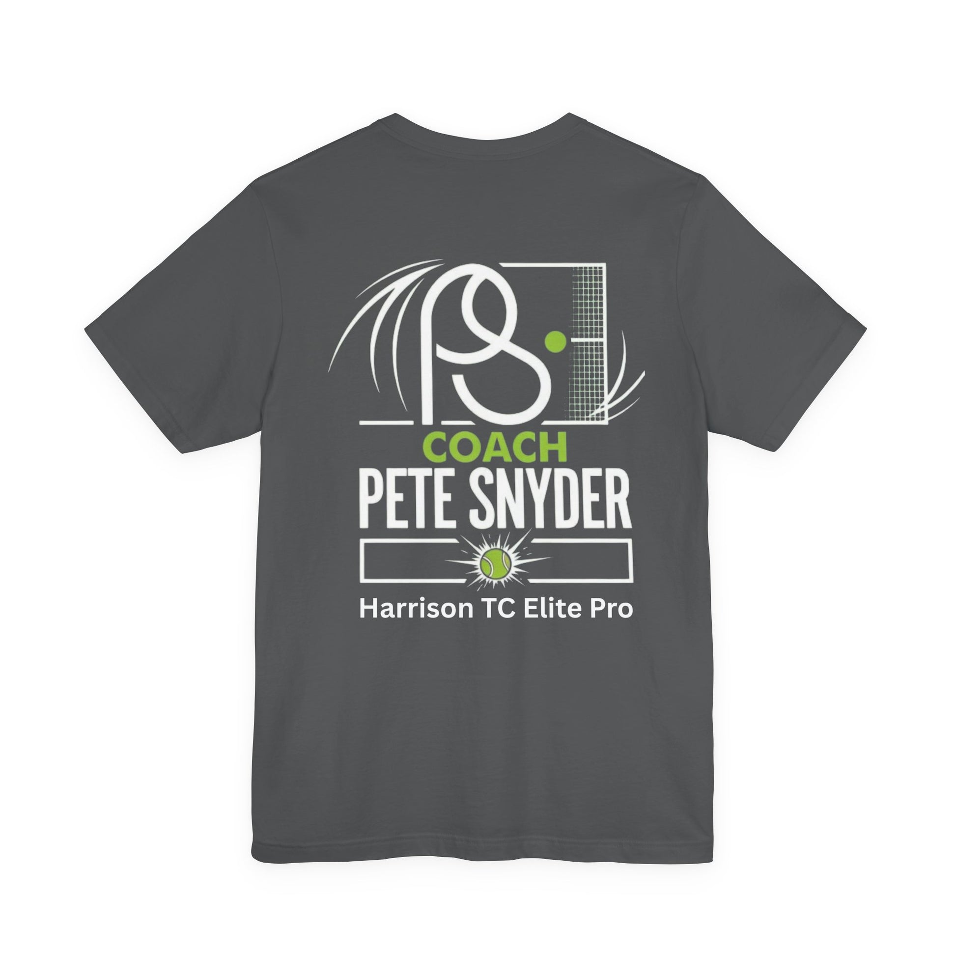 Flat back of heather gray tee, bold "COACH PETE SNYDER" over tennis court graphic, "Harrison TC Elite Pro"