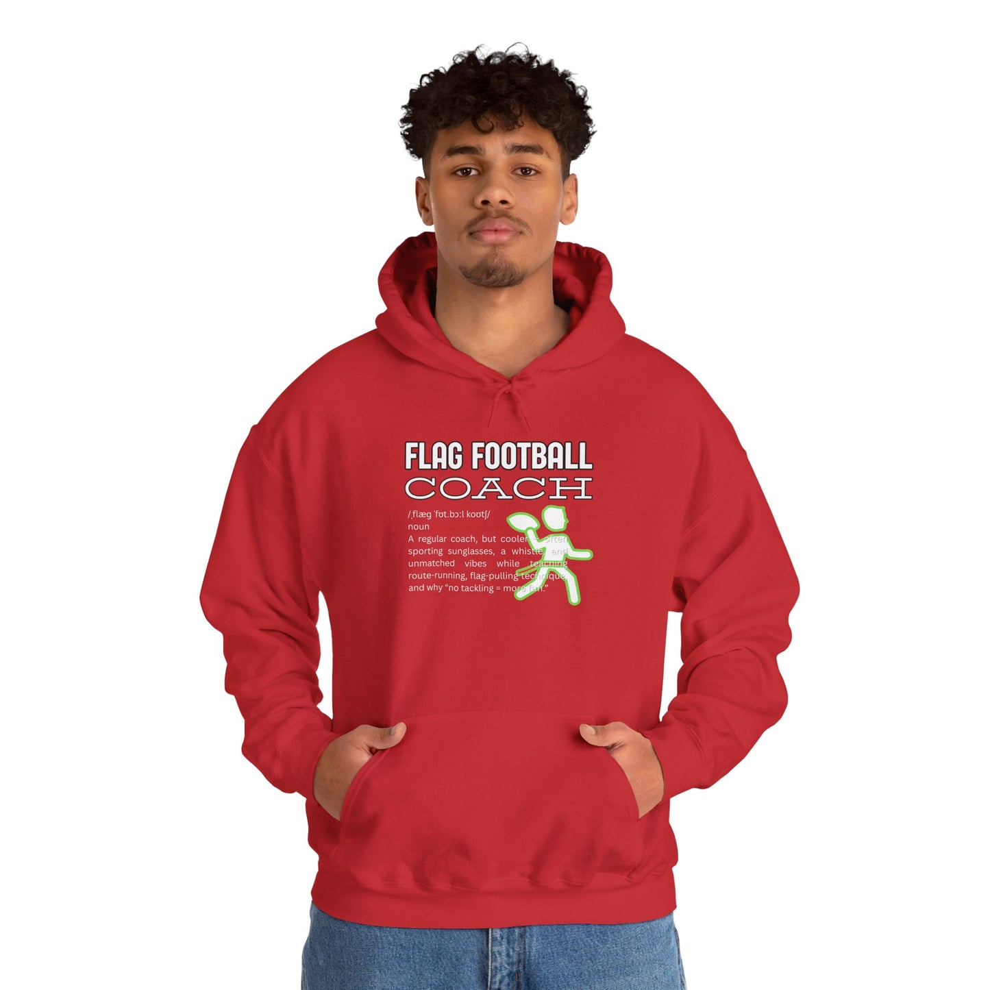 Curly-haired guy rocking front view of red hoodie with 'Flag Football Coach' print and glowing green figure