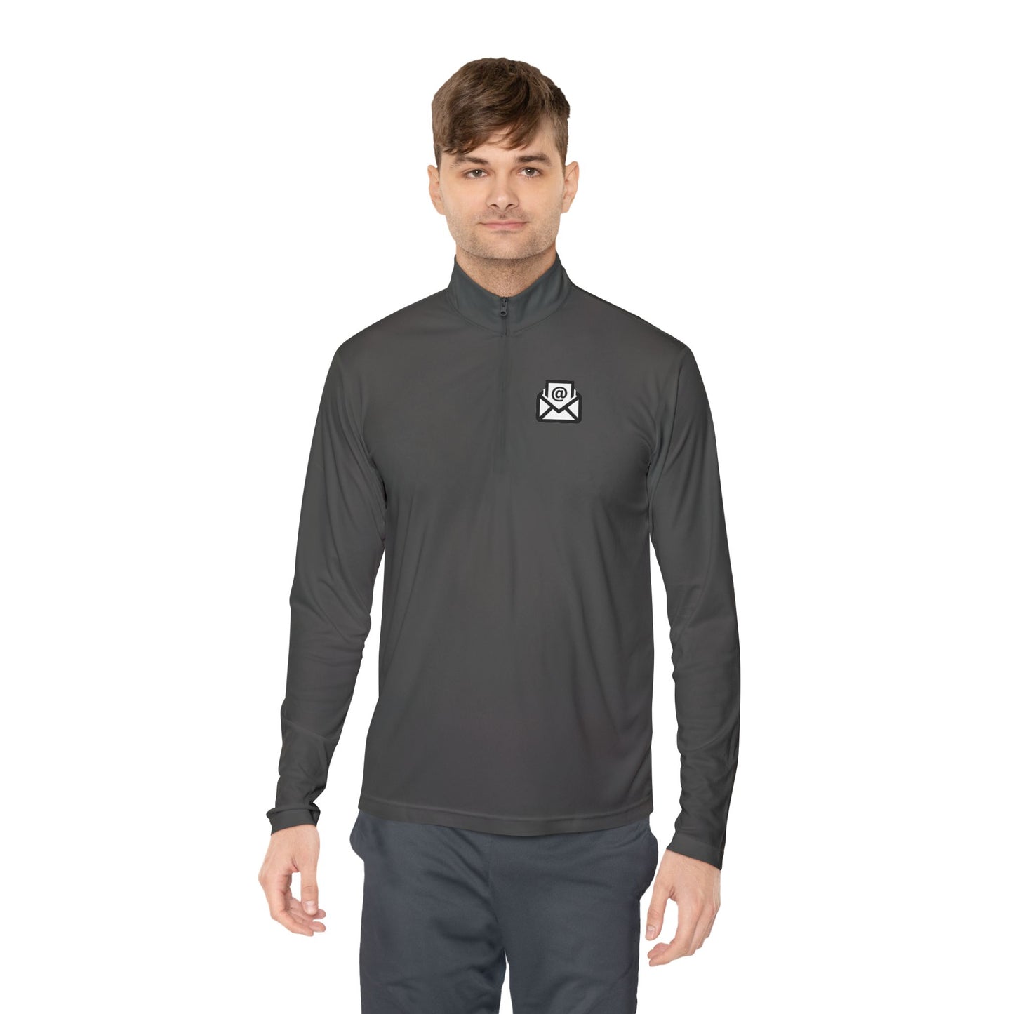 Man modeling front view of charcoal grey quarter-zip pullover with white envelope on chest