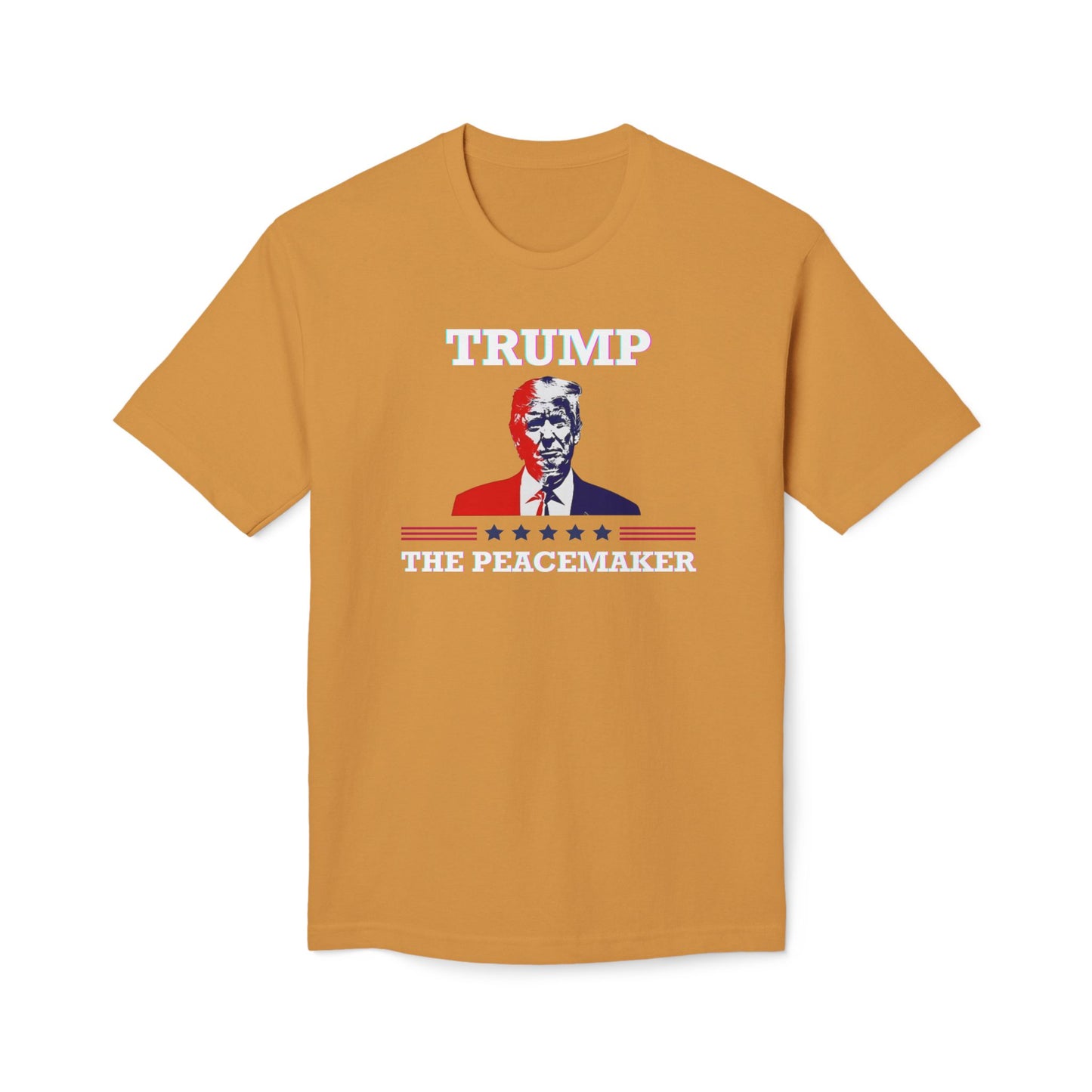 Front view of gold orange "Trump The Peacemaker" t-shirt with crisp white lettering, face graphic, and stripes