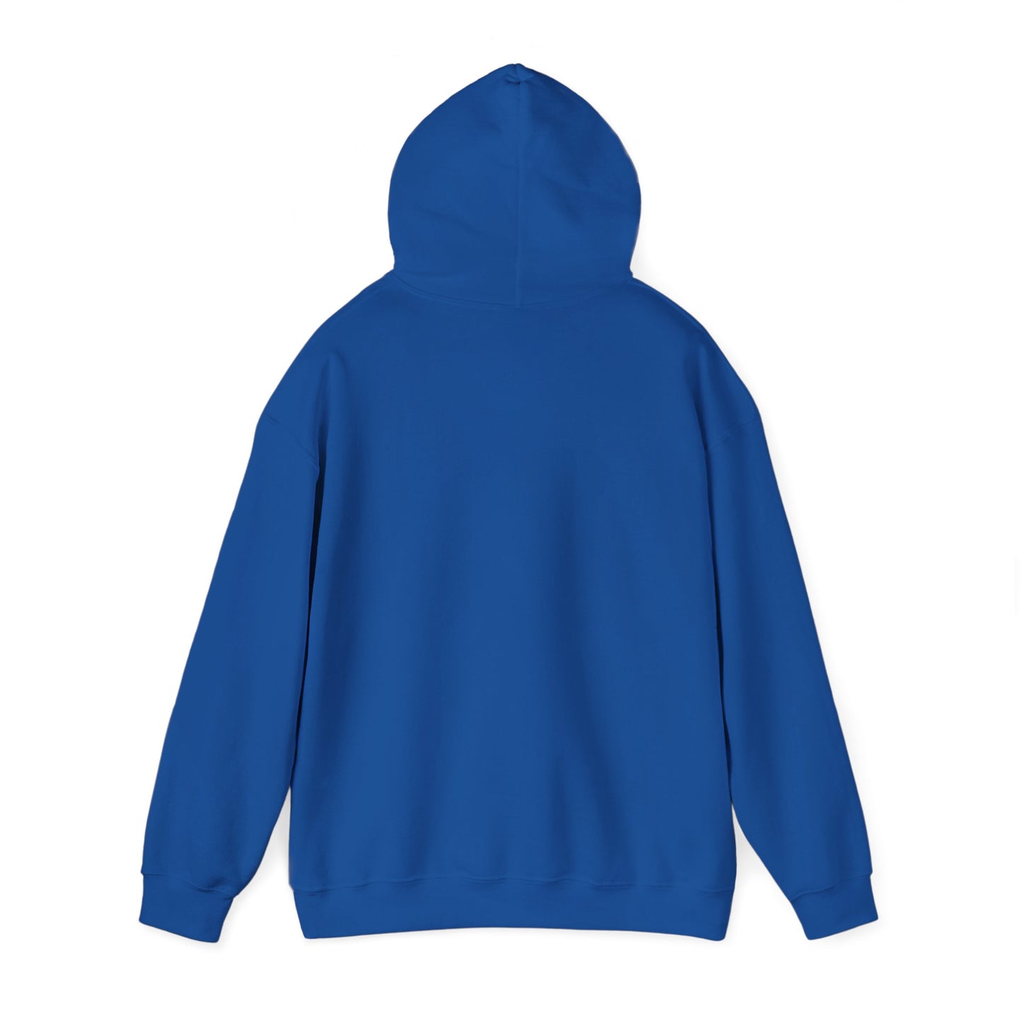 Angled front view of royal blue hoodie with hood up, drawstrings and kangaroo pocket visible