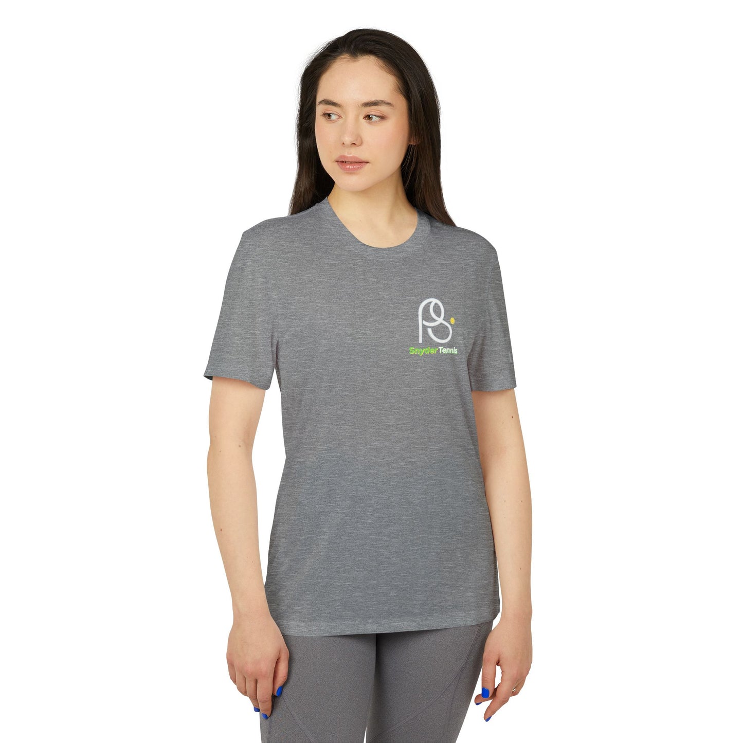 Female back view heather gray adidas performance tee, detailed white "COACH PETE SNYDER" print and tennis net motif with lime green details