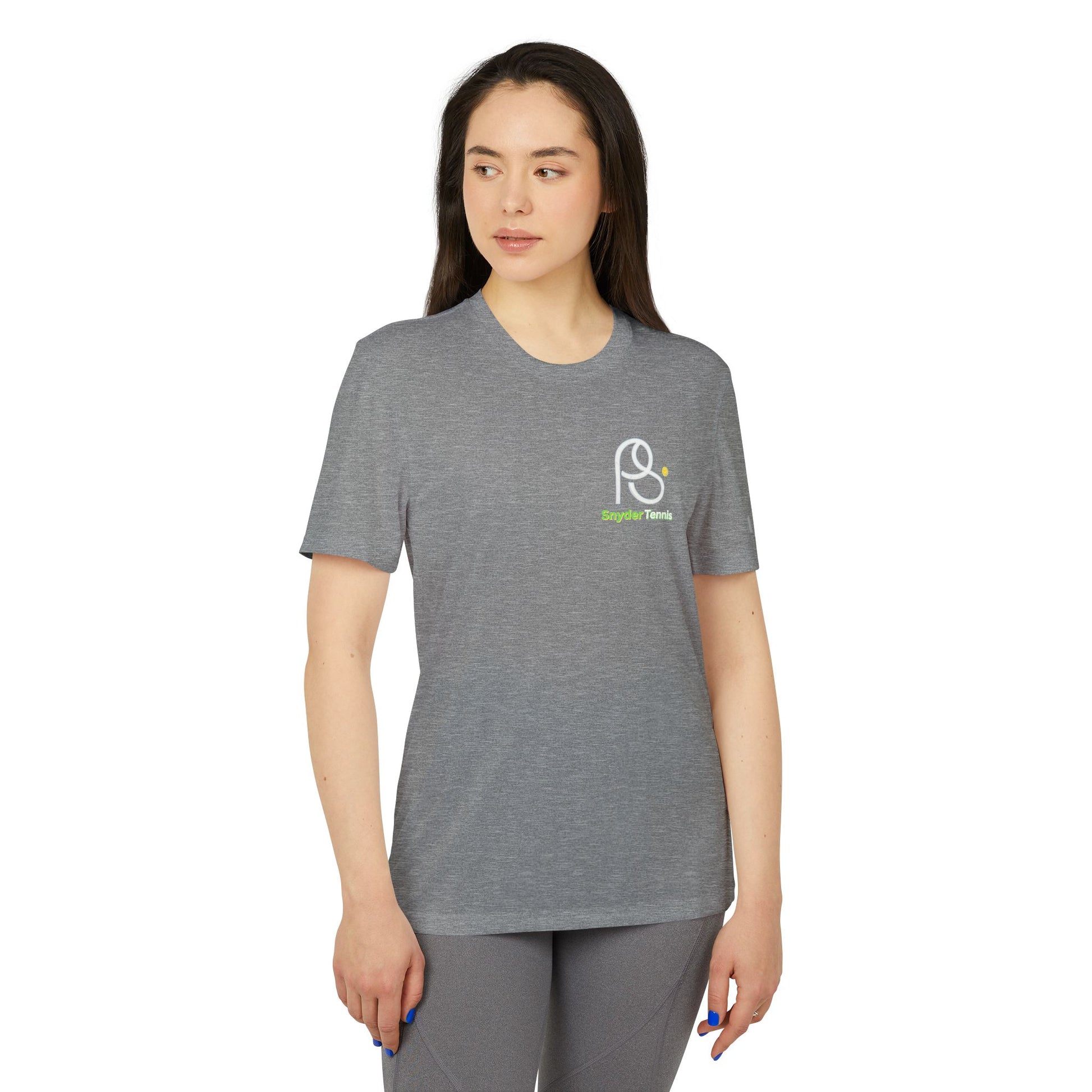 Female back view heather gray adidas performance tee, detailed white "COACH PETE SNYDER" print and tennis net motif with lime green details