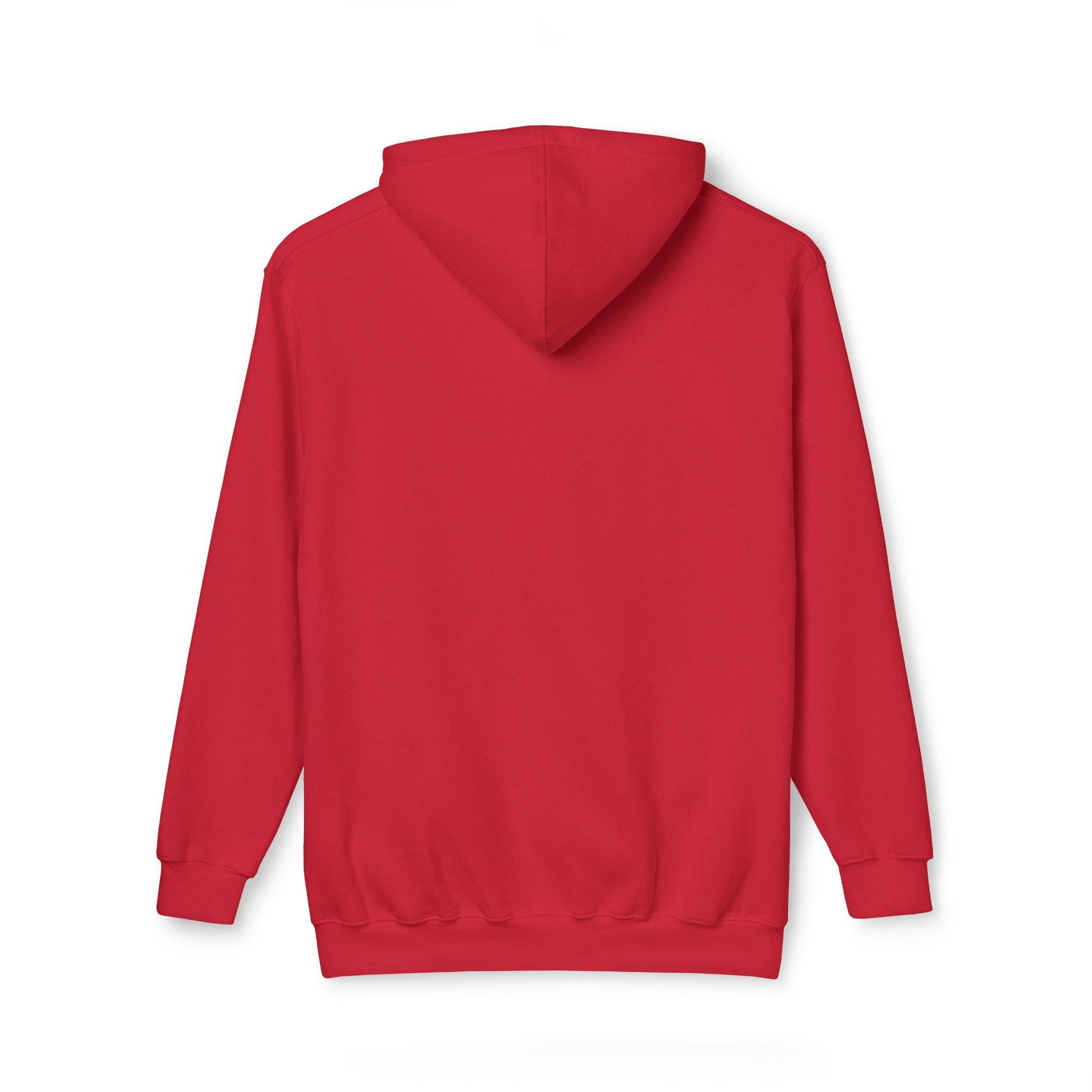 Back view of plain red pullover hoodie with hood, cuffs, and hem