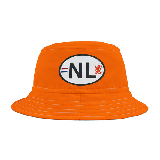 Front view of bright orange bucket hat with white oval NL Dutch flag lion embroidery, pure voetbal vibes