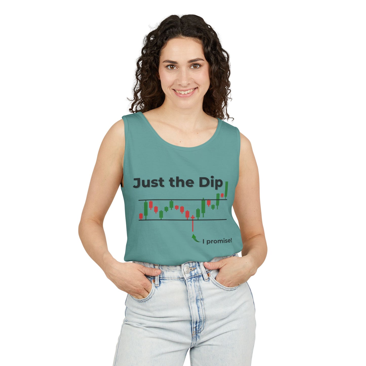 Woman smiling in seafoam green "Just the Dip" stock chart tank with green arrow "i promise!", front pose