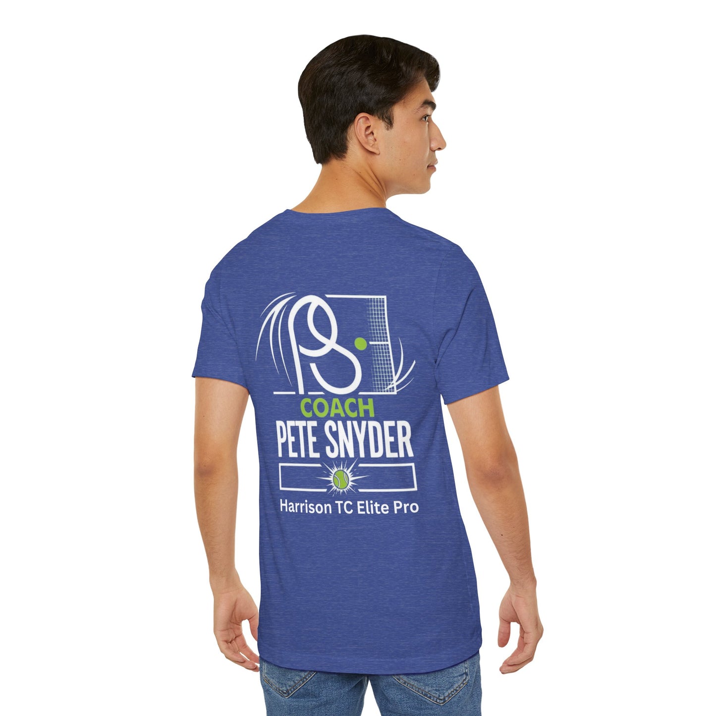 Rear view of male model in heather navy tee, full back tennis graphic "COACH PETE SNYDER Harrison TC Elite Pro"