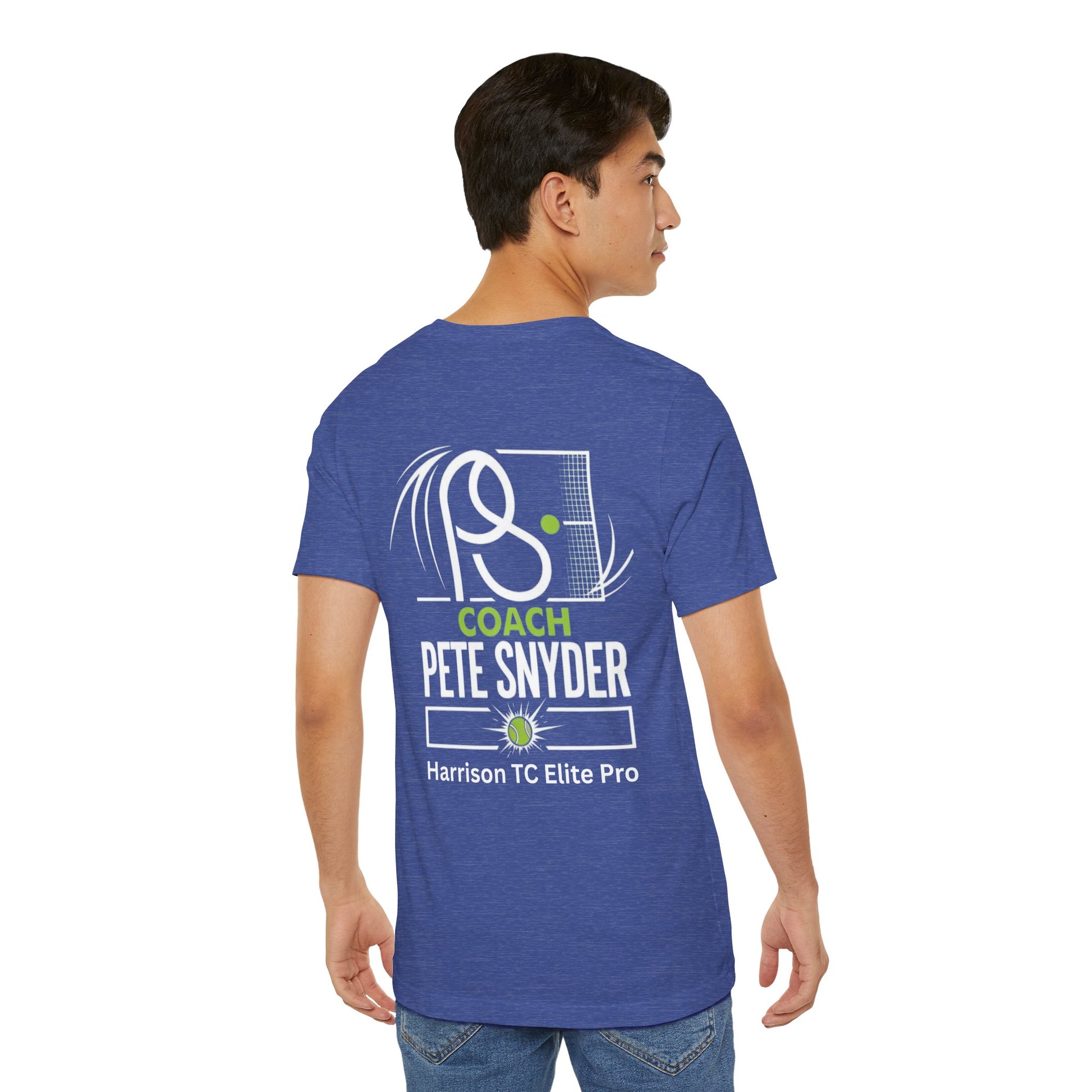 Rear view of male model in heather navy tee, full back tennis graphic "COACH PETE SNYDER Harrison TC Elite Pro"