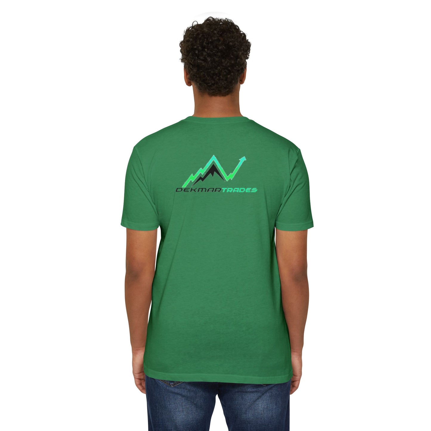 Male model rear view wearing forest green tee with peaky chart design and Dekmar Trades print