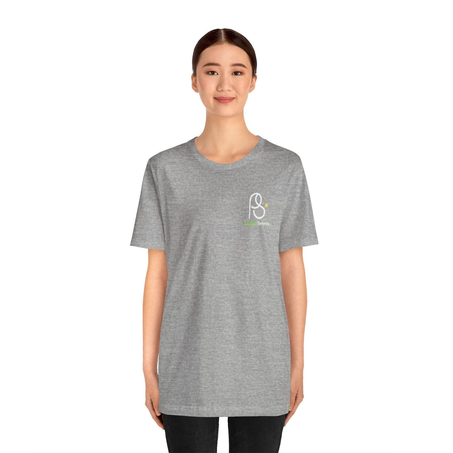Male model side/back view of heather gray Coach Pete Snyder tee, full tennis graphic with "Pete Snyder" visible