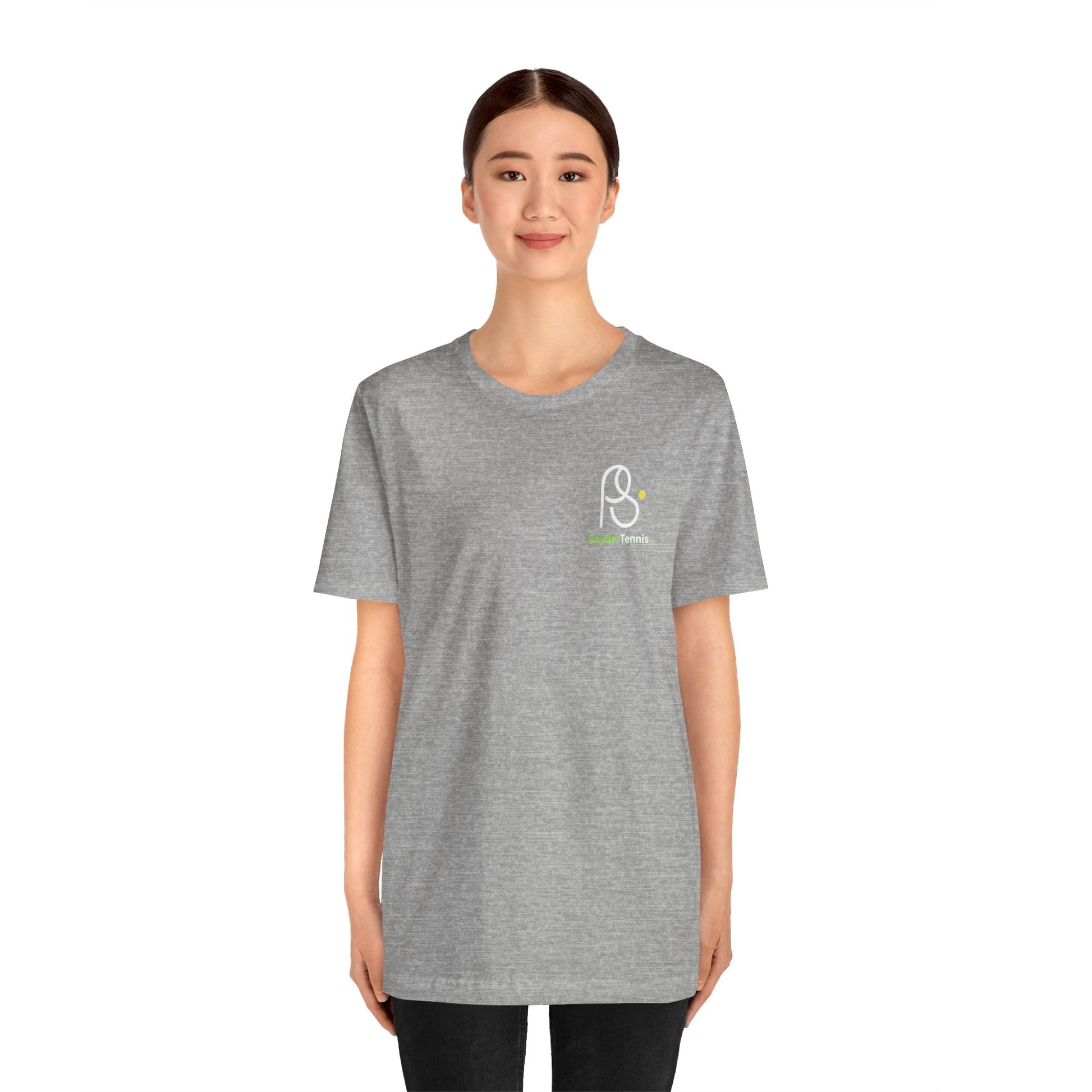 Male model side/back view of heather gray Coach Pete Snyder tee, full tennis graphic with "Pete Snyder" visible