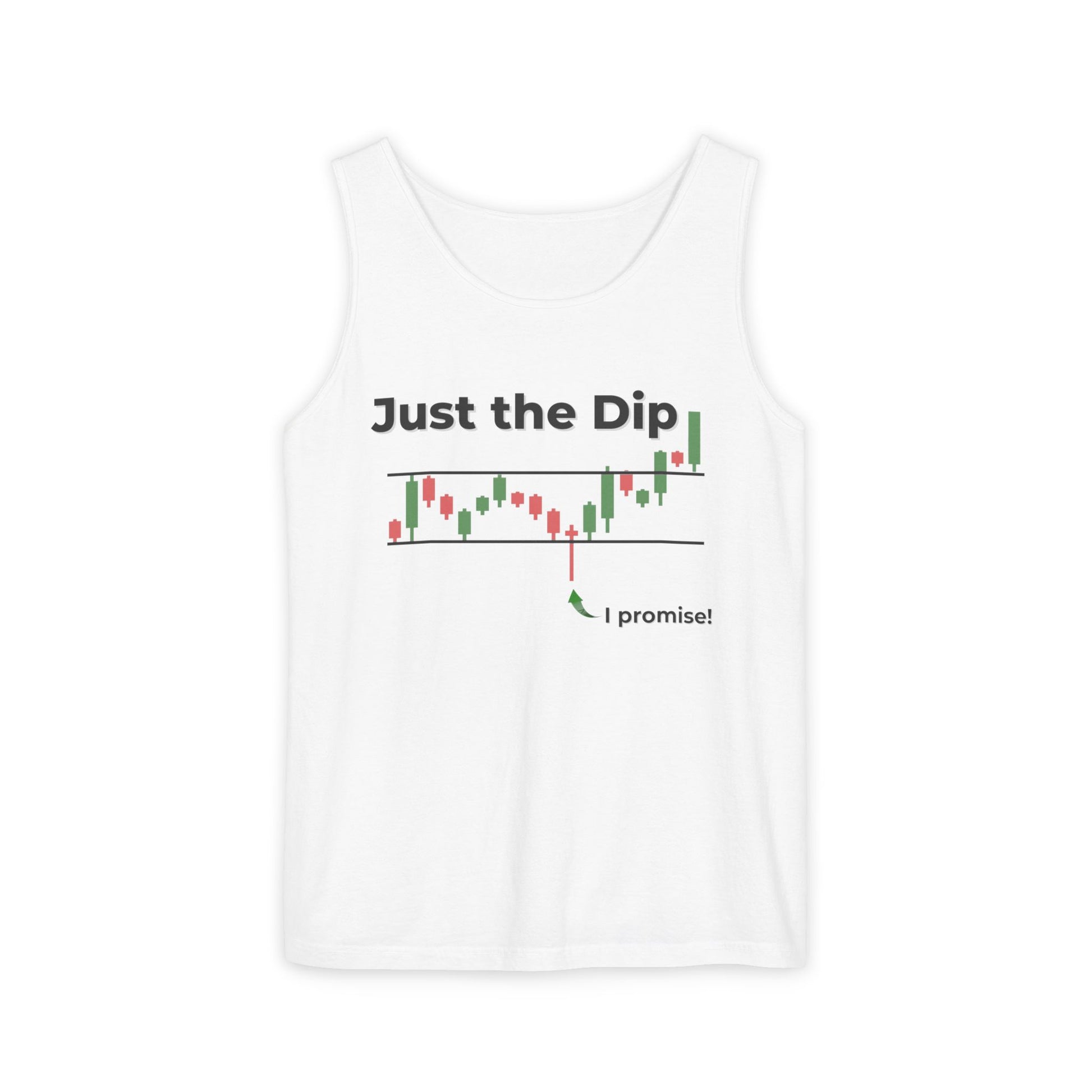 Front view of white "Just the Dip" tank top with plunging candlestick chart and "I promise!" green arrow