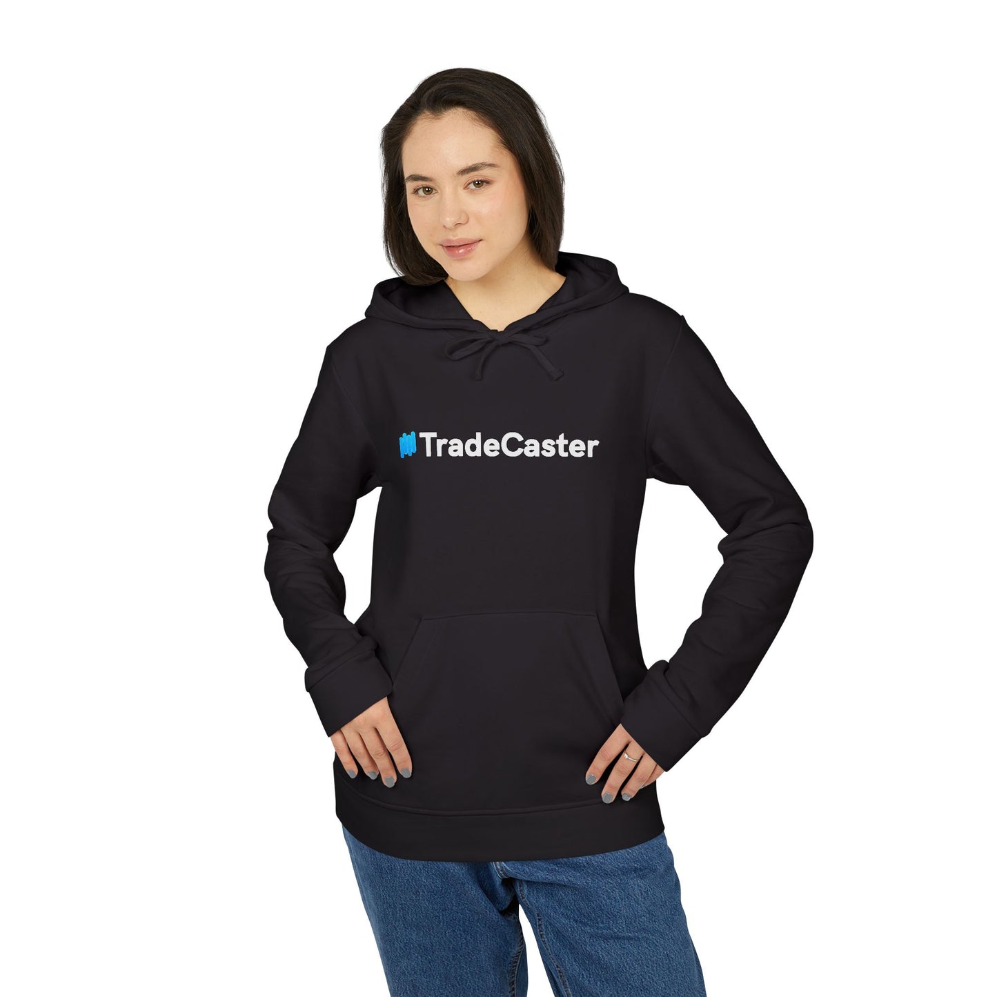 Woman modeling front of blackish navy Adidas hoodie with crisp white #TradeCaster logo, jeans vibe