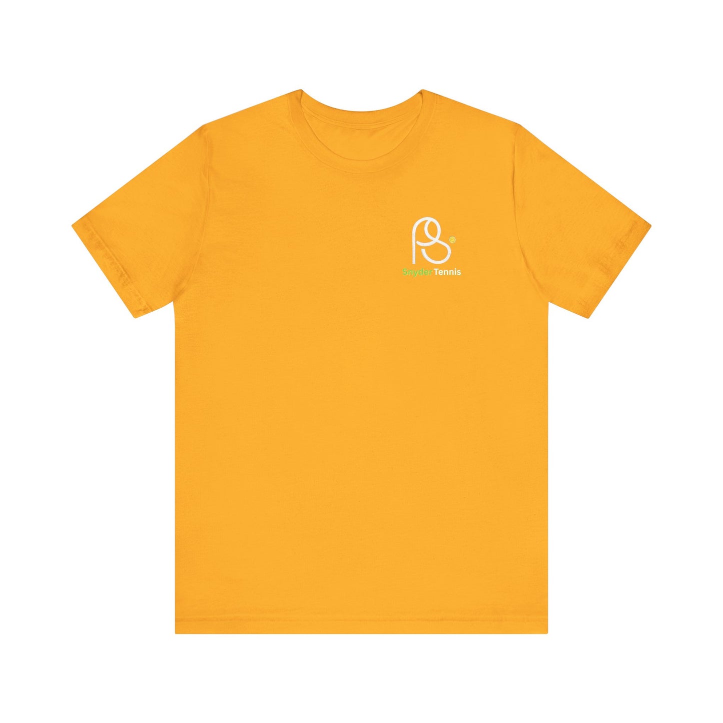 Gold yellow cotton tee, front with bold white outlined P.S. and green P.S. Tennis print