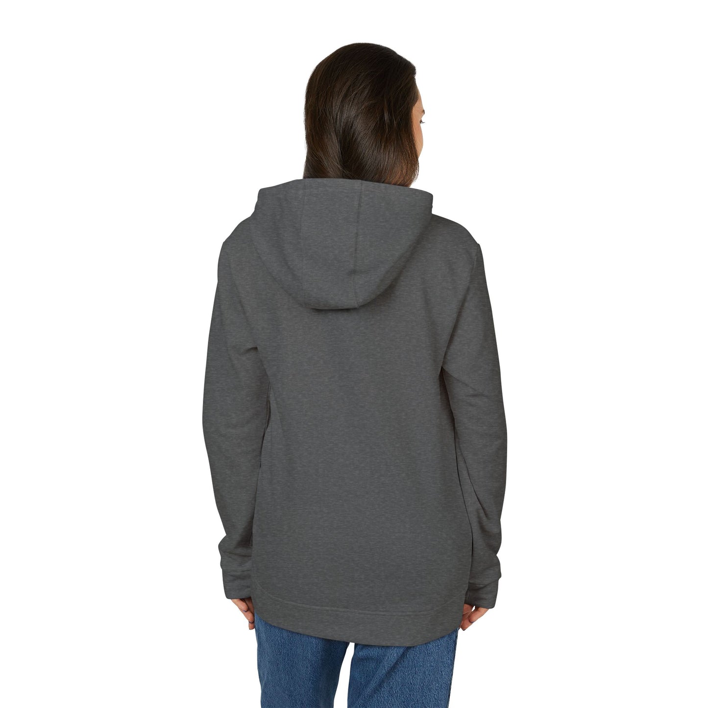 Back view of female model in grey heather Adidas fleece hoodie, hood up slightly, clean lines and sleeve adidas mark