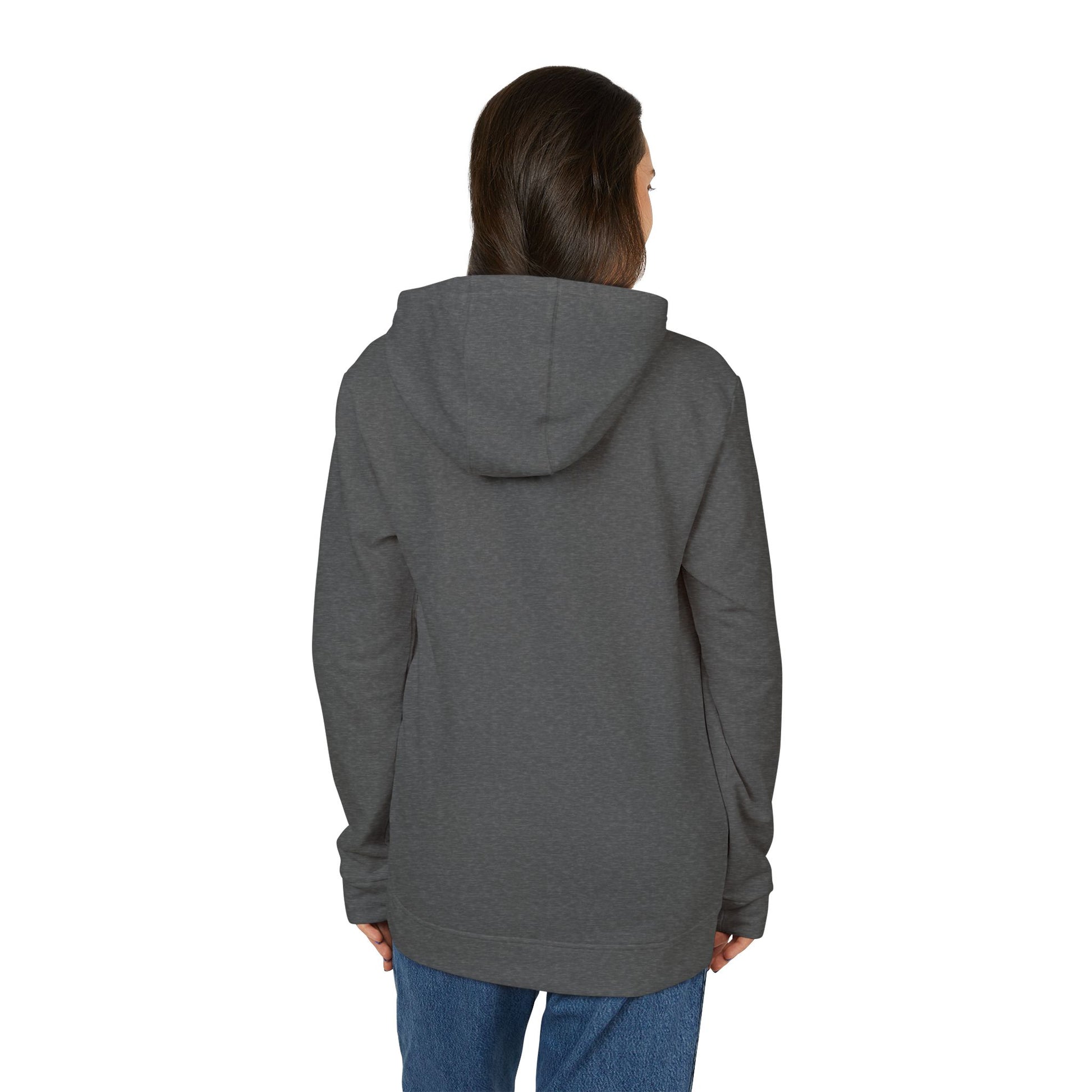 Back view of female model in grey heather Adidas fleece hoodie, hood up slightly, clean lines and sleeve adidas mark