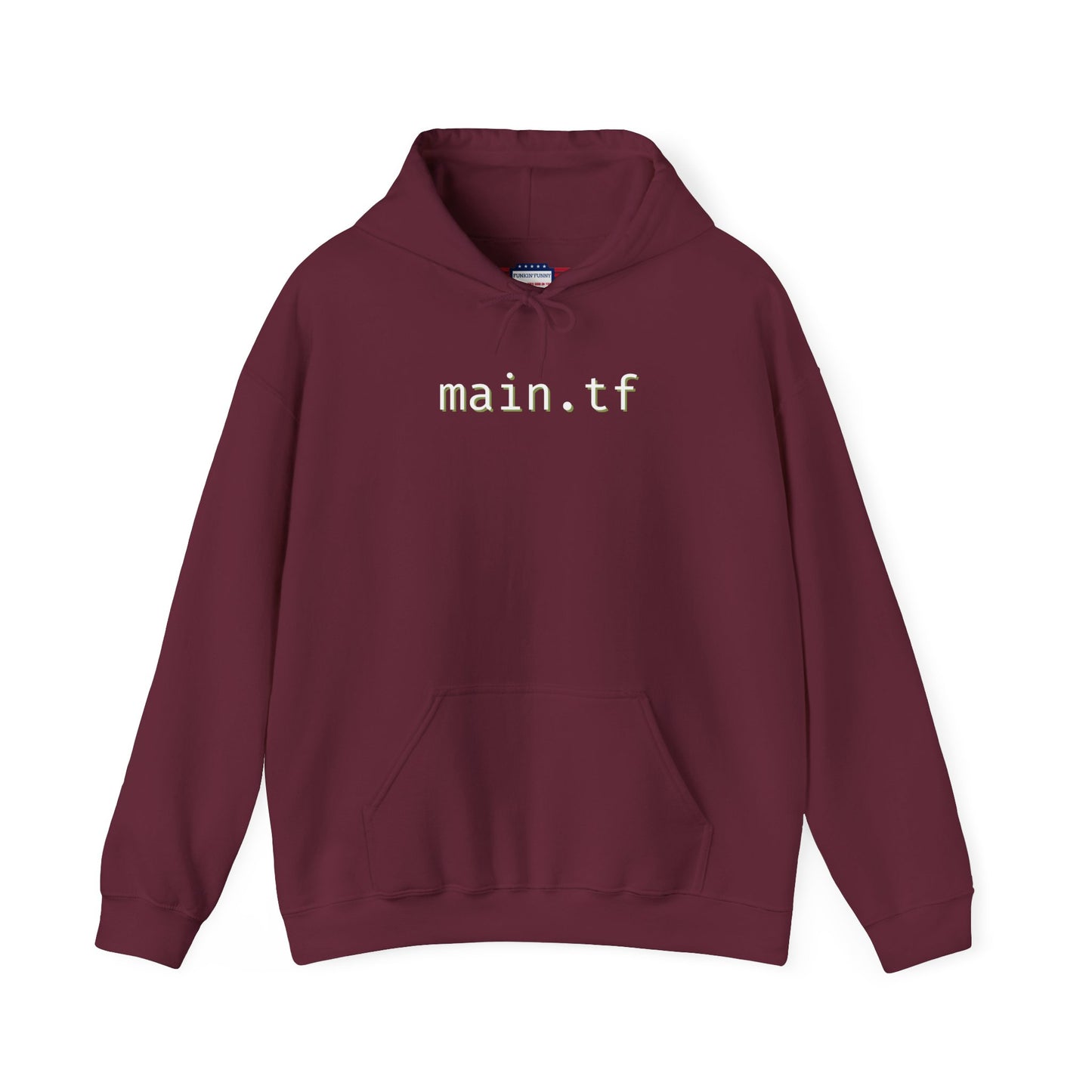 Front view of maroon main.tf pullover hoodie with clean white "main.tf" chest print