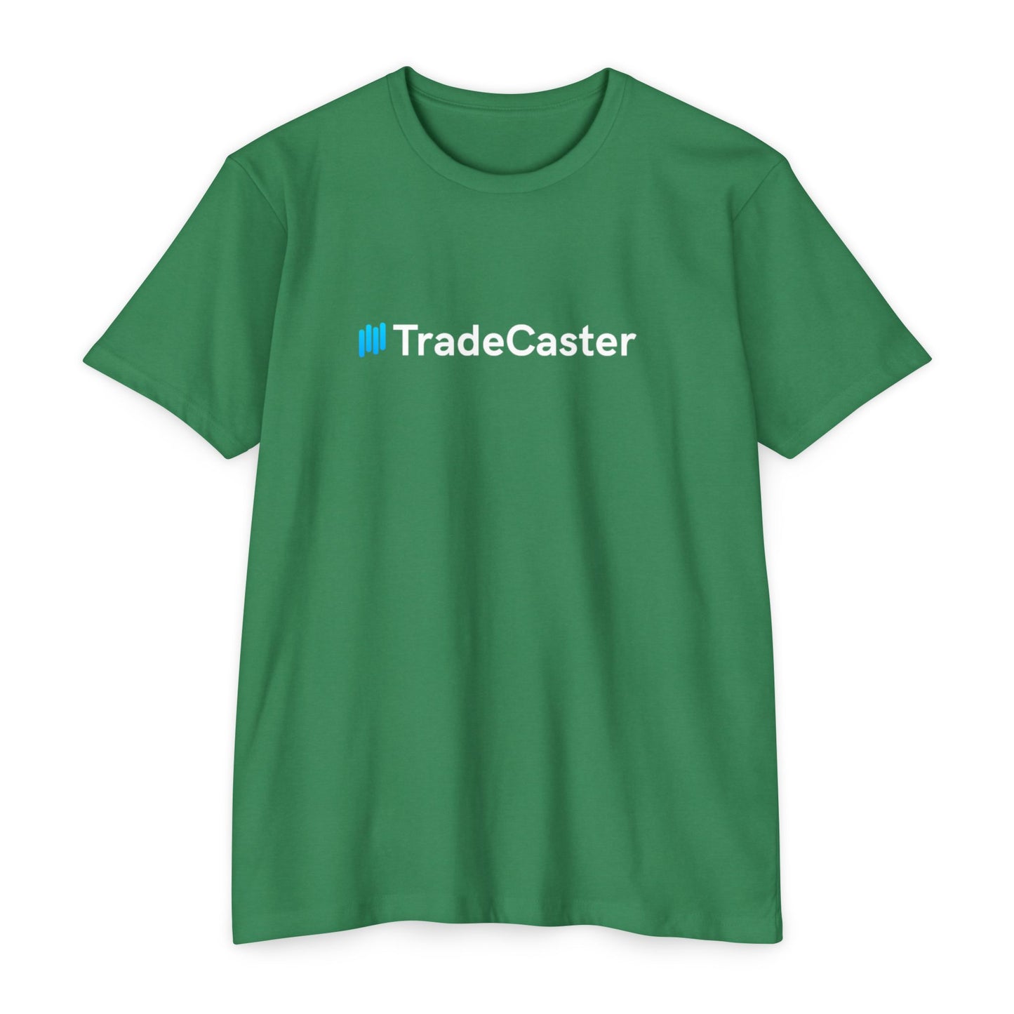 Front view of green unisex TradeCaster CVC jersey t-shirt with blue || icon and white text print