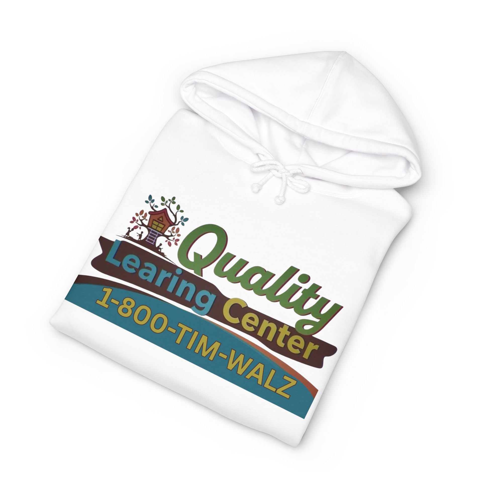 Folded white 1-800-TIM-WALZ hoodie showing front logo plus IND400 size chart (S-XXL measurements)