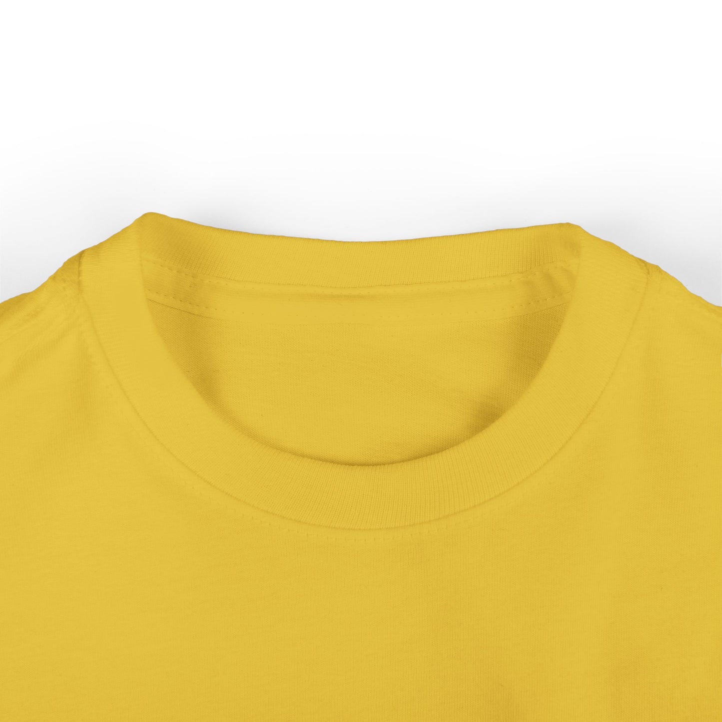Close-up ribbed collar on mustard yellow 'Mountain Biker in training' infant tee