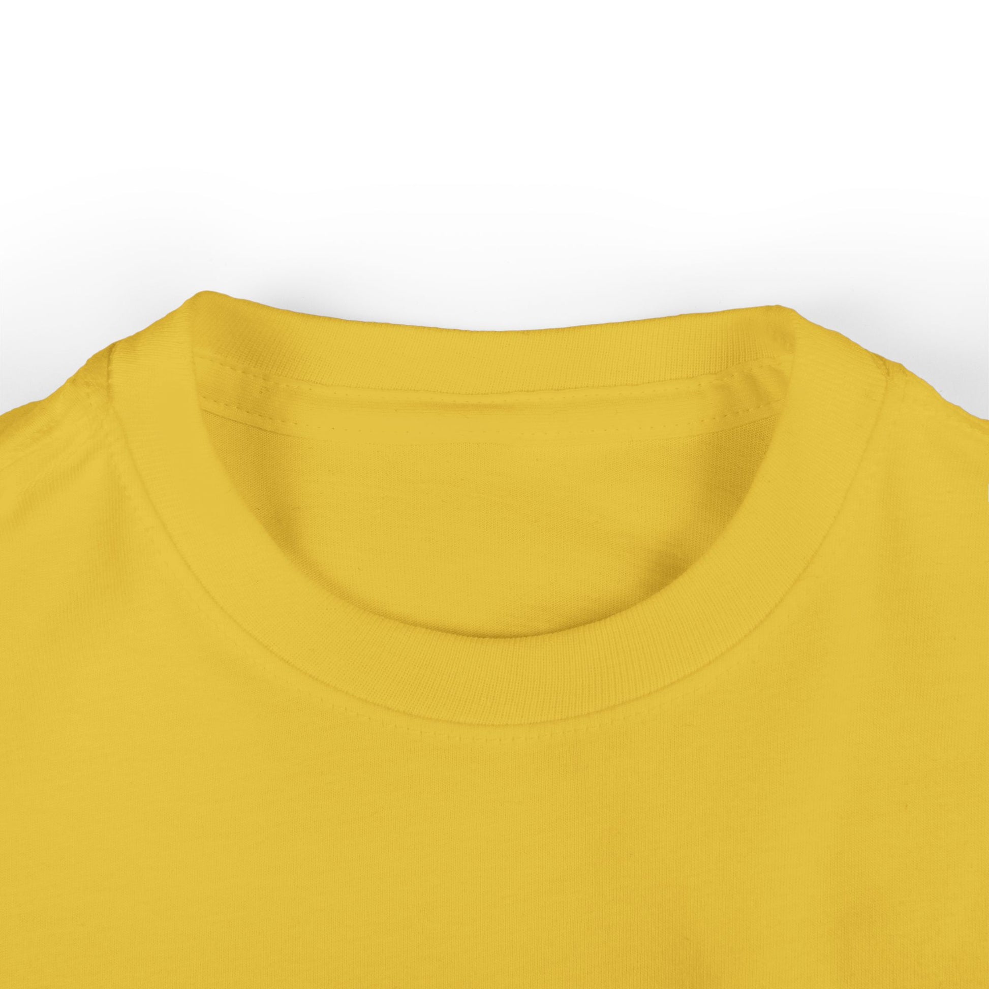 Close-up ribbed collar on mustard yellow 'Mountain Biker in training' infant tee