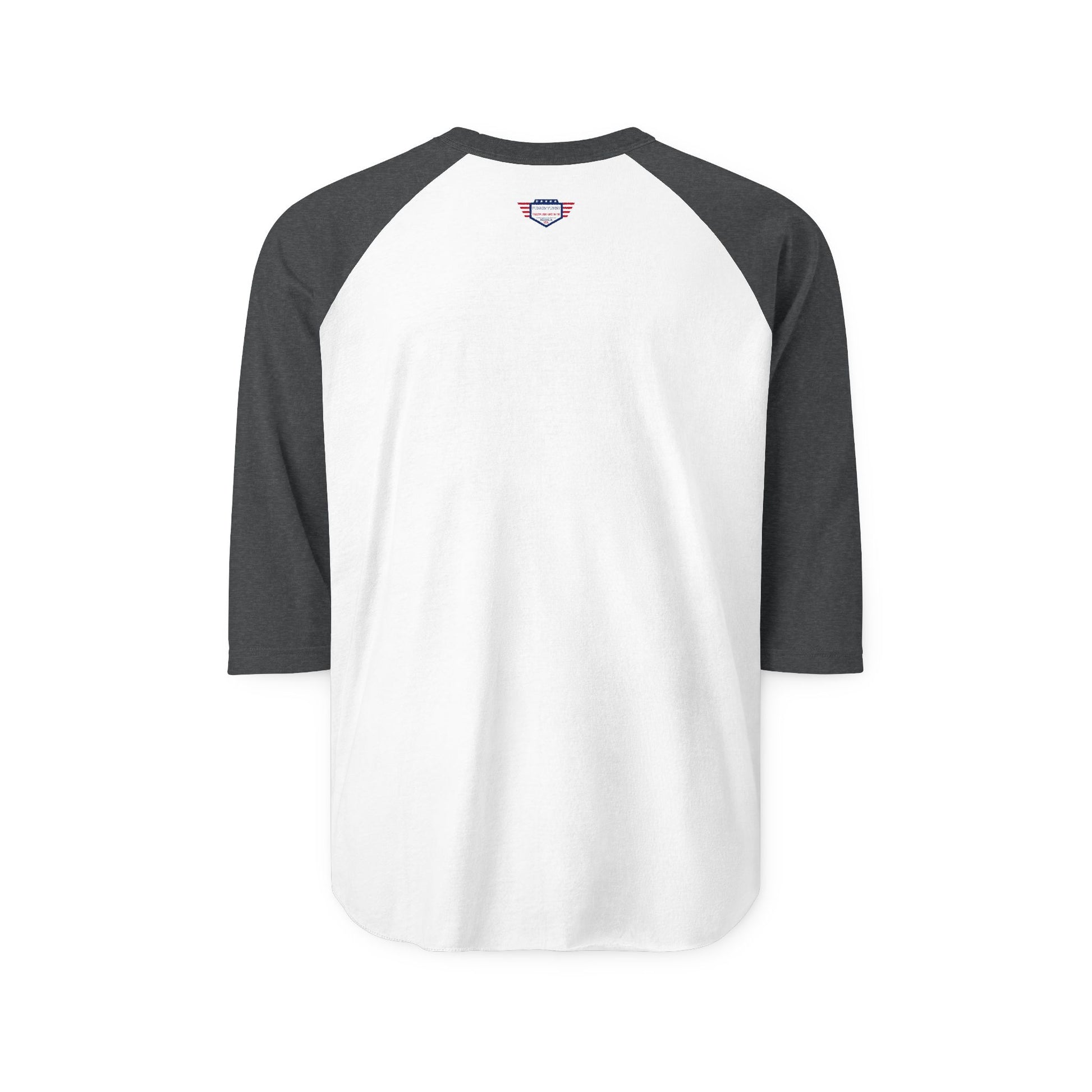 Back view of white raglan shirt with heather charcoal sleeves, small "Trail Therapy" heart label at neck
