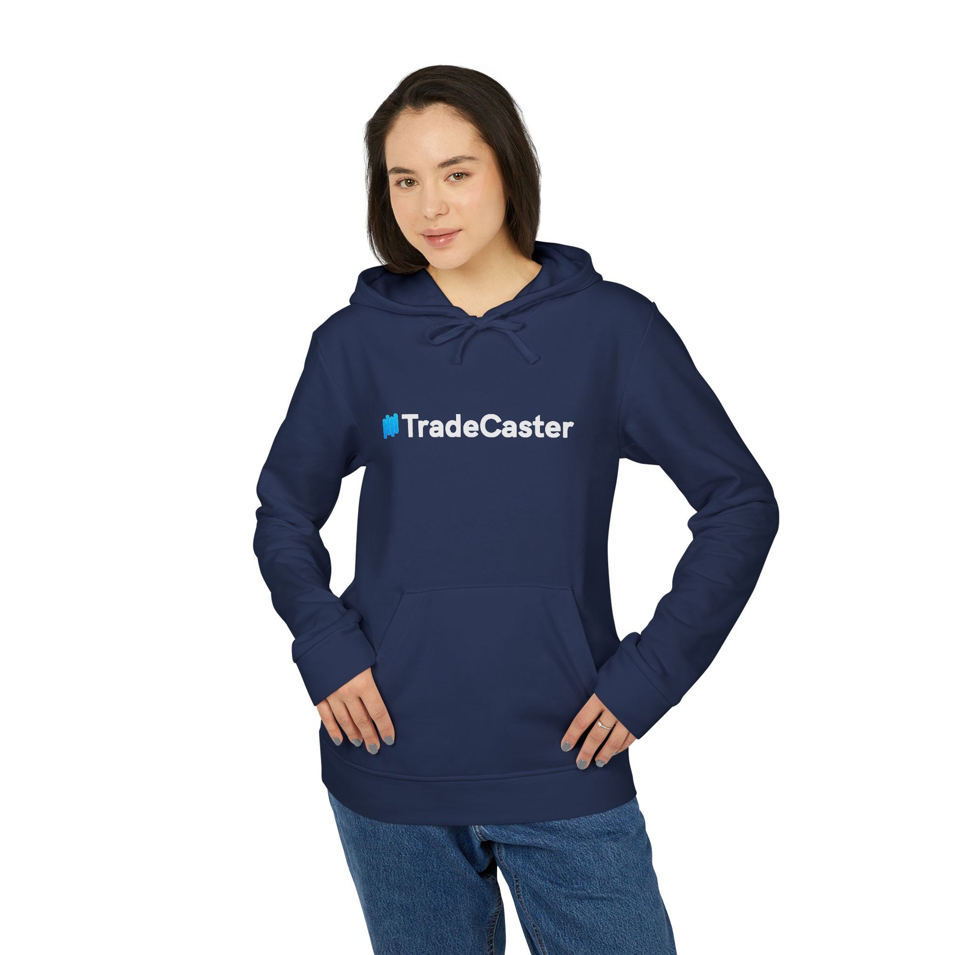 Smiley woman front-modeling navy #TradeCaster fleece hoodie, logo for low-key caster vibes