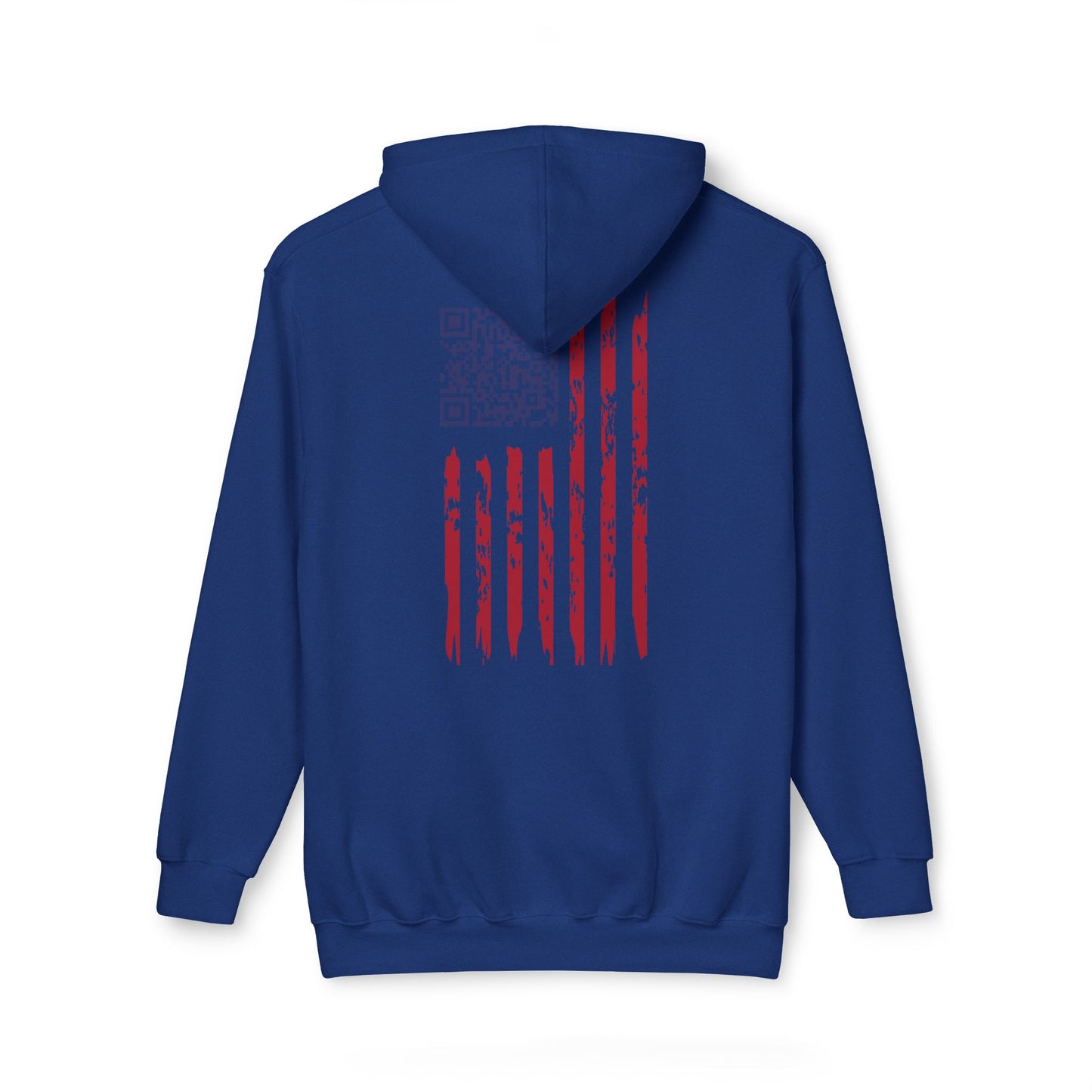 Back of royal blue "Daddy's Home" hoodie with brushstroke US flag and QR code