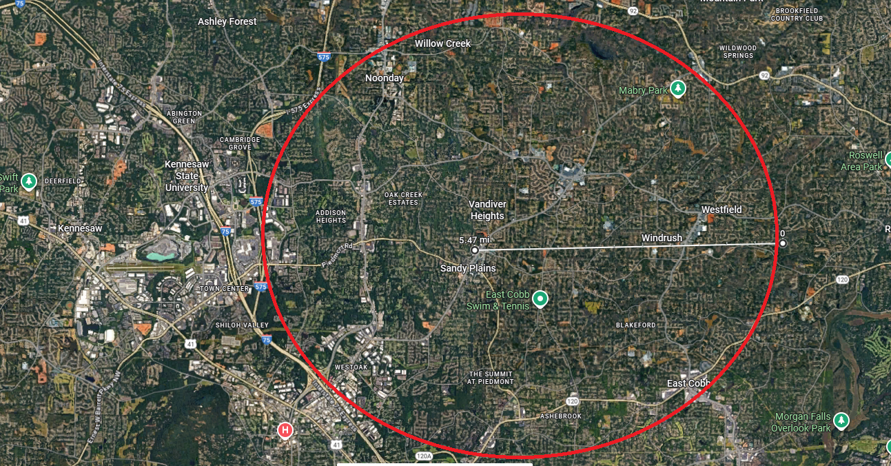 Google Maps view of delivery zone circled in red around The Corners area, green pins marking spots near Sandy Plains