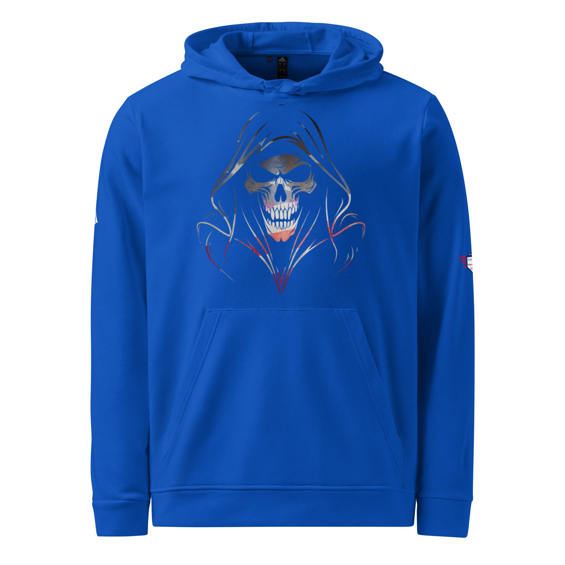 Front view of royal blue Reaper adidas fleece hoodie and its fierce hooded reaper skull graphic