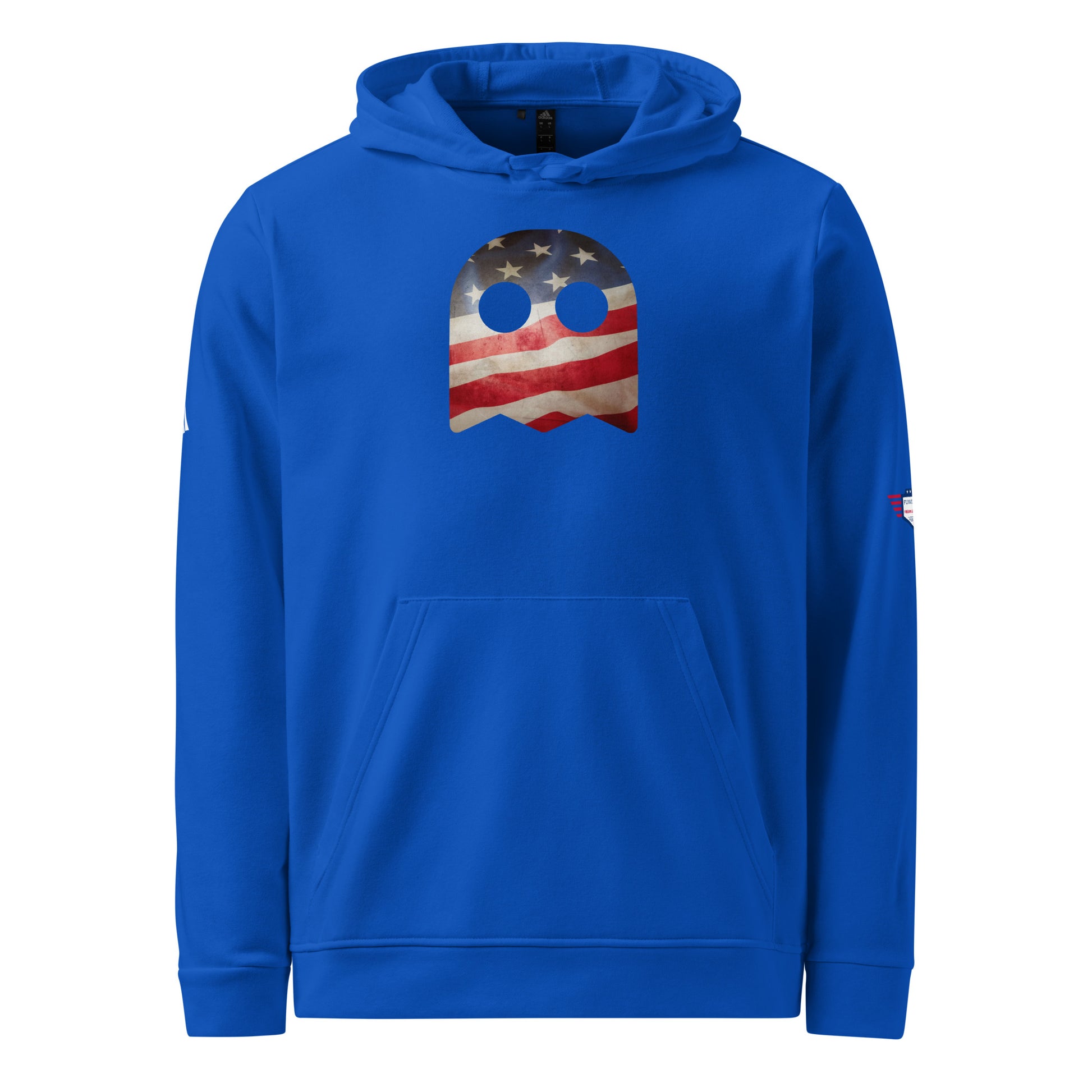 Front view of royal blue adidas fleece hoodie with central distressed American flag ghost graphic