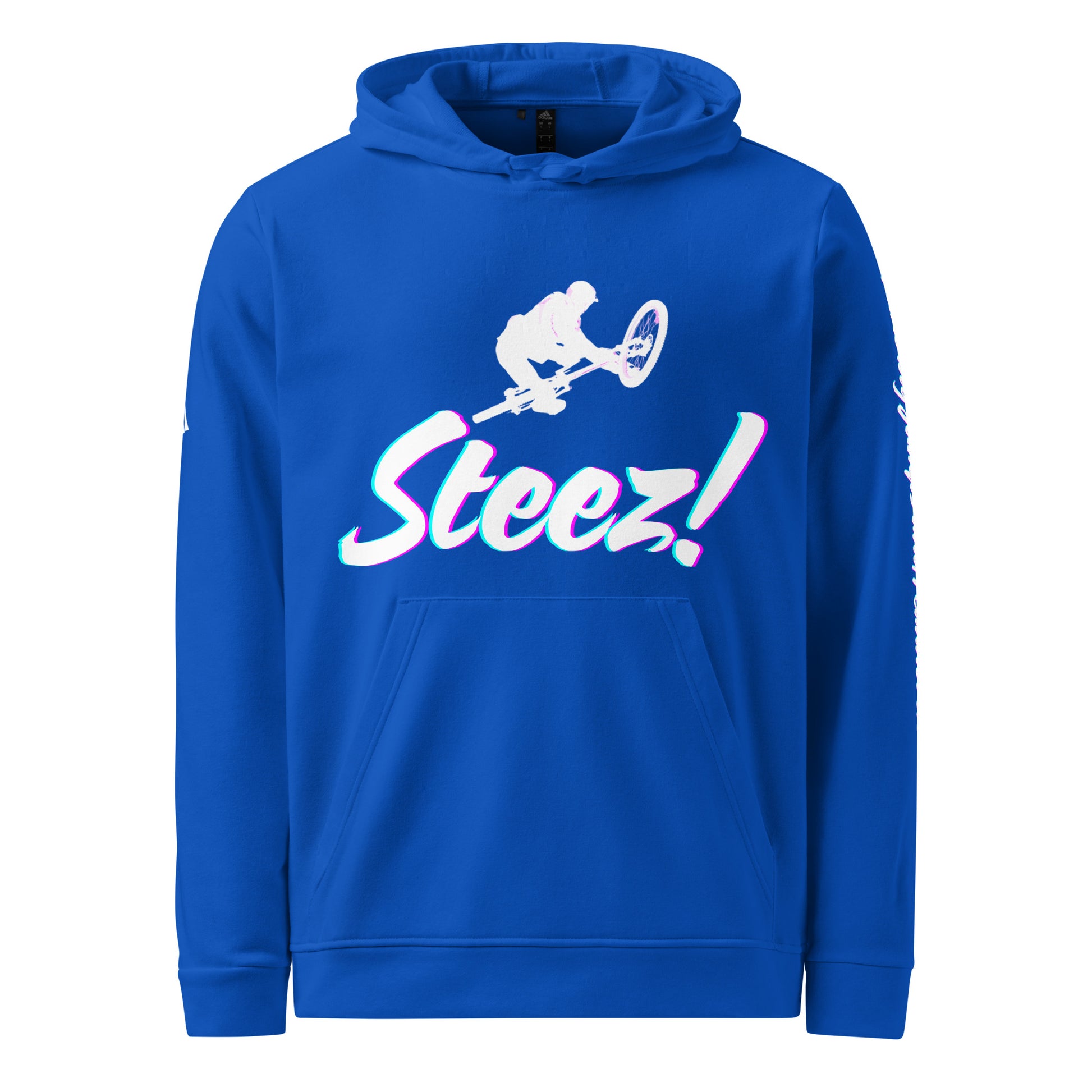 Front royal blue adidas hoodie, jumping biker graphic above holographic "Steez!"—big air energy