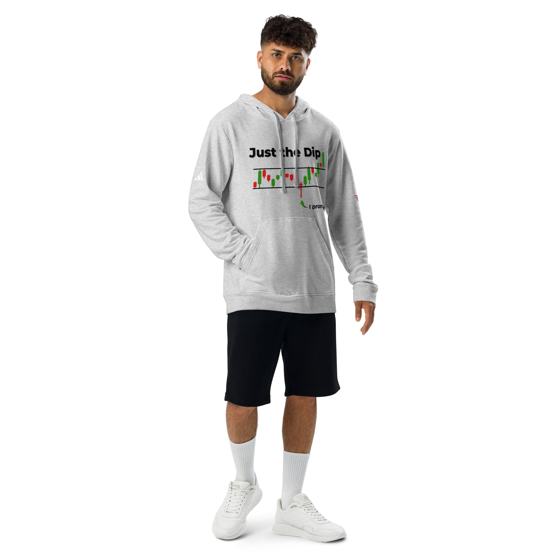 Bearded guy fronts grey heather adidas fleece hoodie, black 'Just the Dip' over red/green candlestick chart, adidas sleeve patch, black shorts white kicks