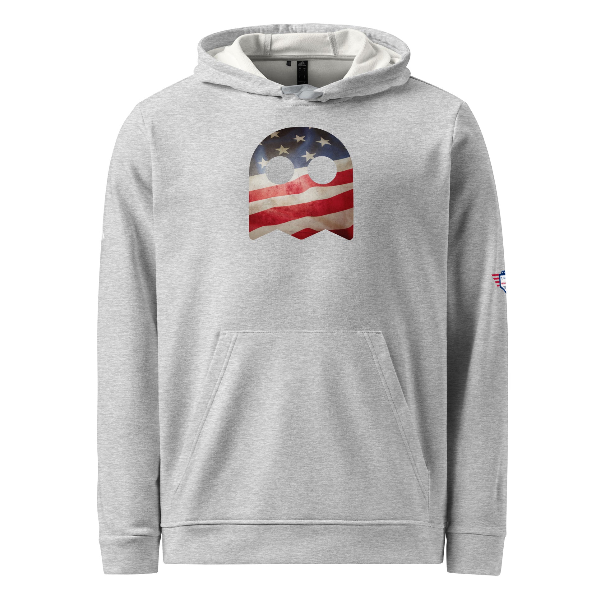 Front view of heather gray adidas fleece hoodie with large American flag ghost graphic on chest, hood down, pouch pocket
