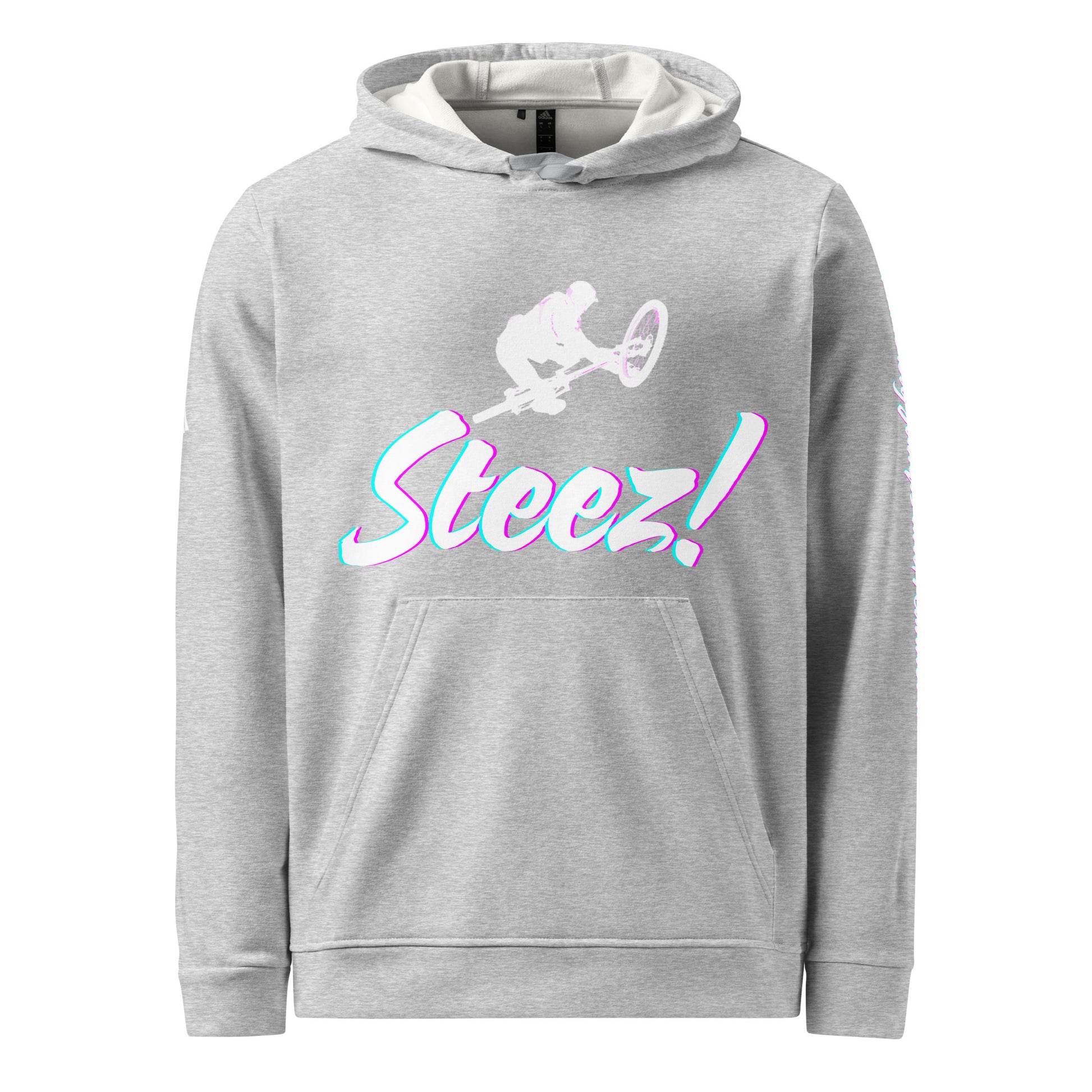 Front view of grey heather adidas hoodie, BMX rider graphic and colorful "Steez!" print