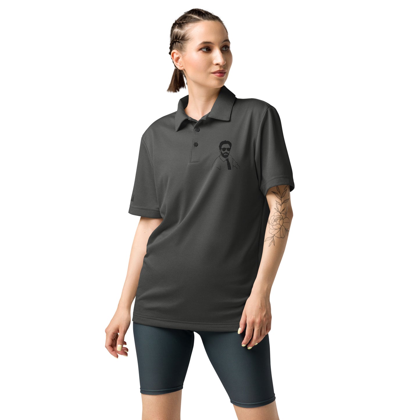 Woman with braids and arm tattoo modeling grey heather Adidas polo with Burry chest graphic, dark shorts