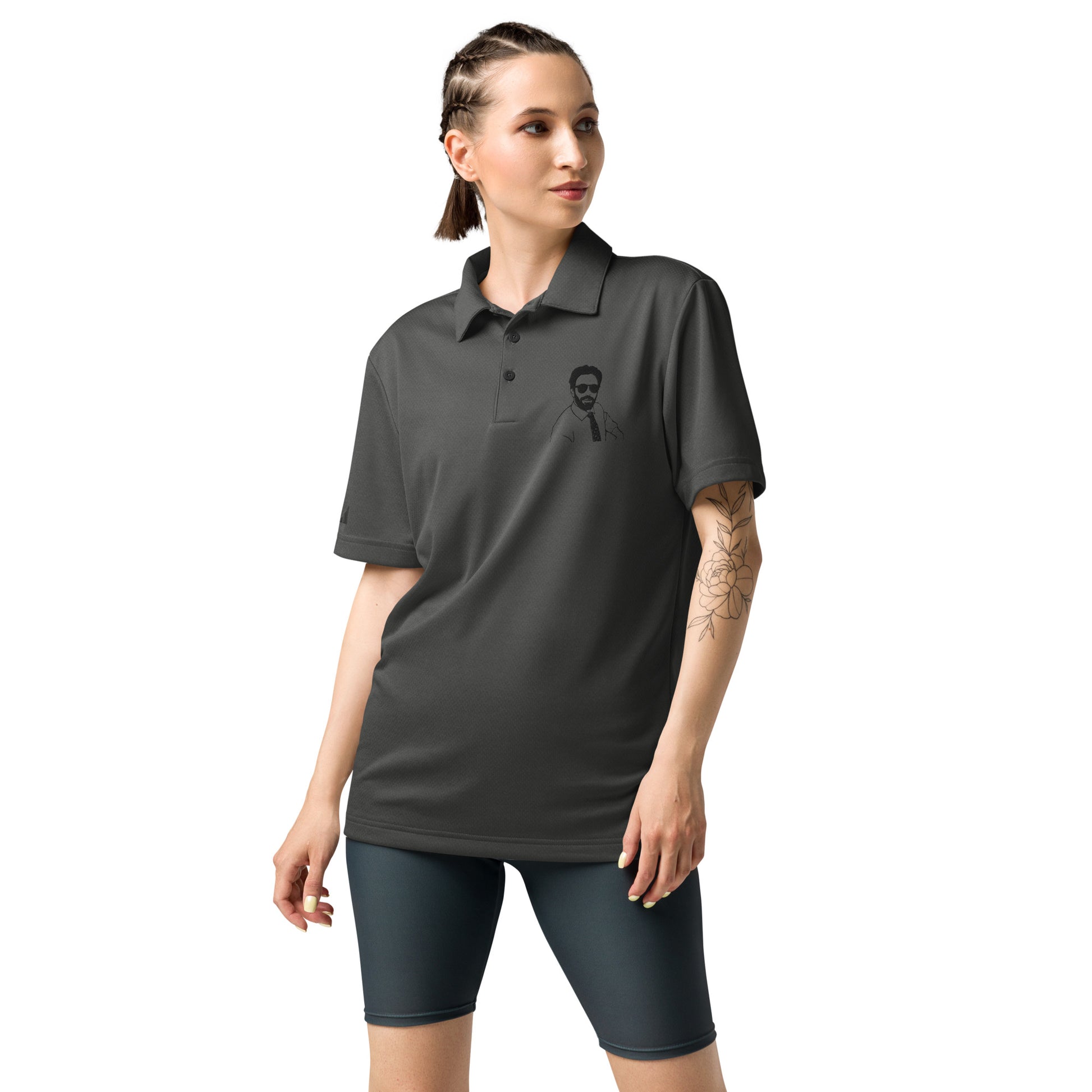Woman with braids and arm tattoo modeling grey heather Adidas polo with Burry chest graphic, dark shorts