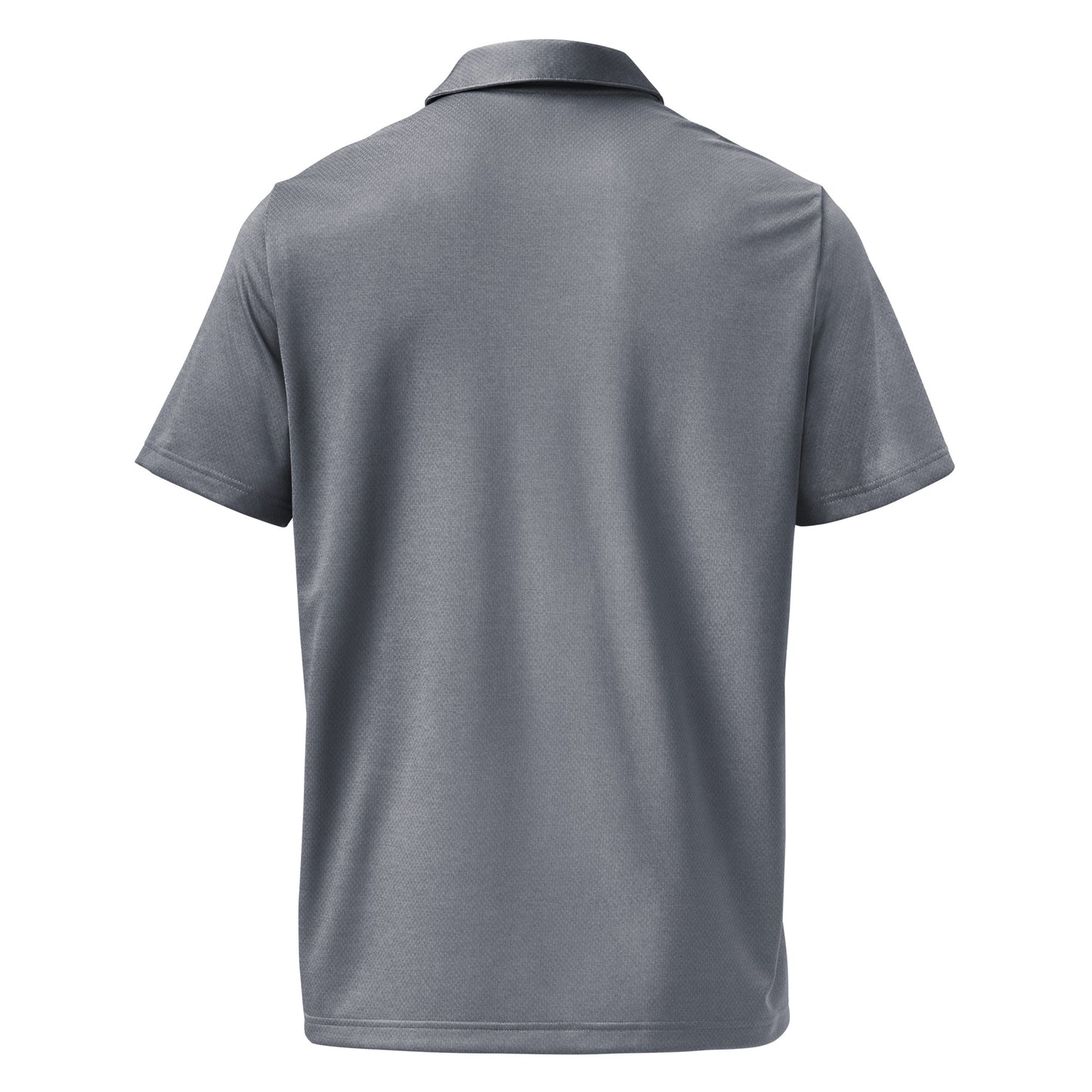 Back view of dark heather grey space-dyed Adidas polo, clean and lightweight with subtle marled texture