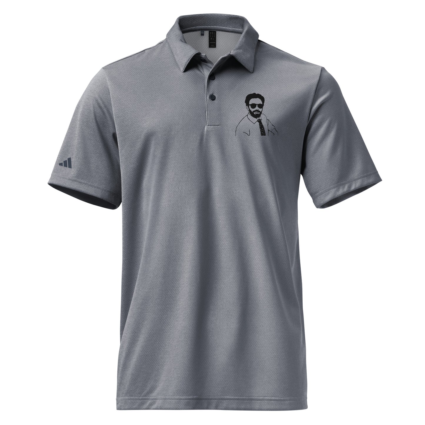Front flat shot of grey heather polo with bold black Burry man-in-tie embroidery, adidas sleeve badge