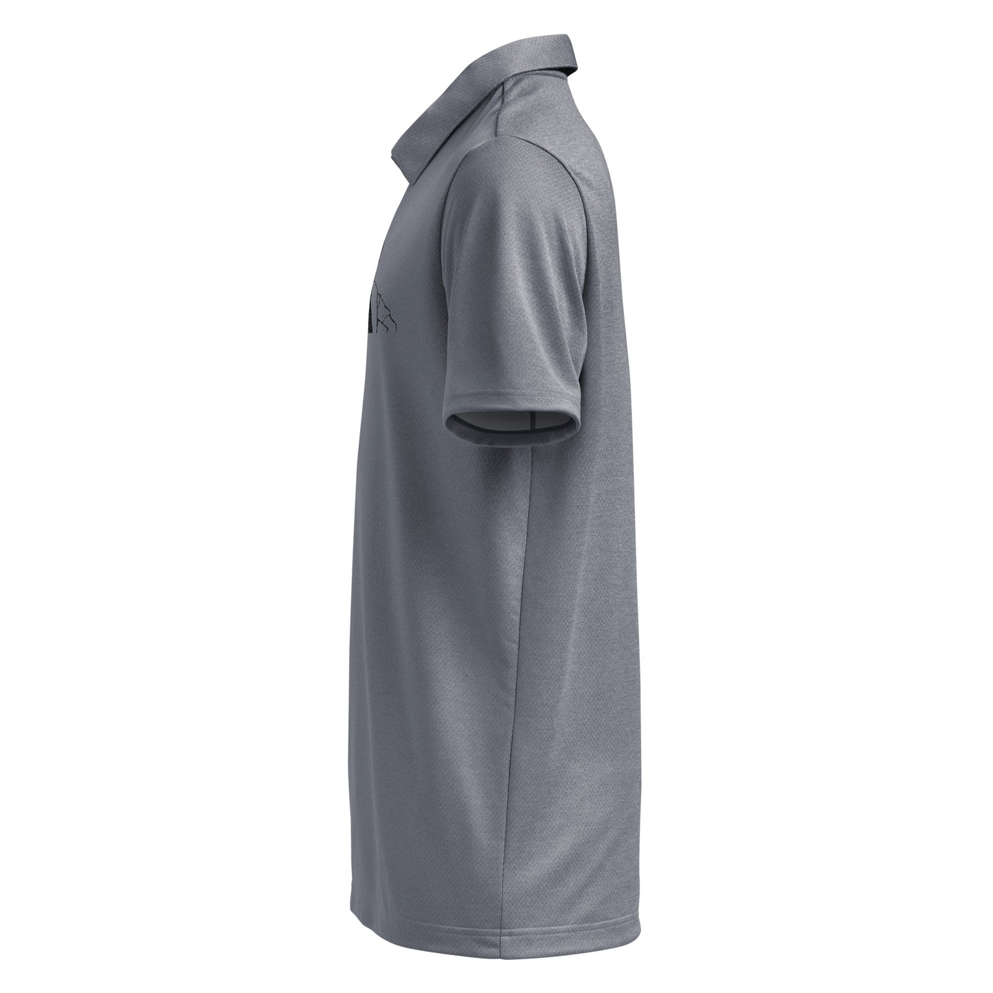 Right side flat view of grey heather Adidas polo, subtle texture shine