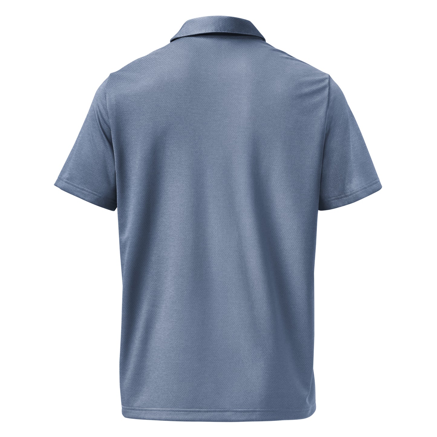 Back view of heather navy space-dyed Adidas polo, plain with marled fabric for easy layering