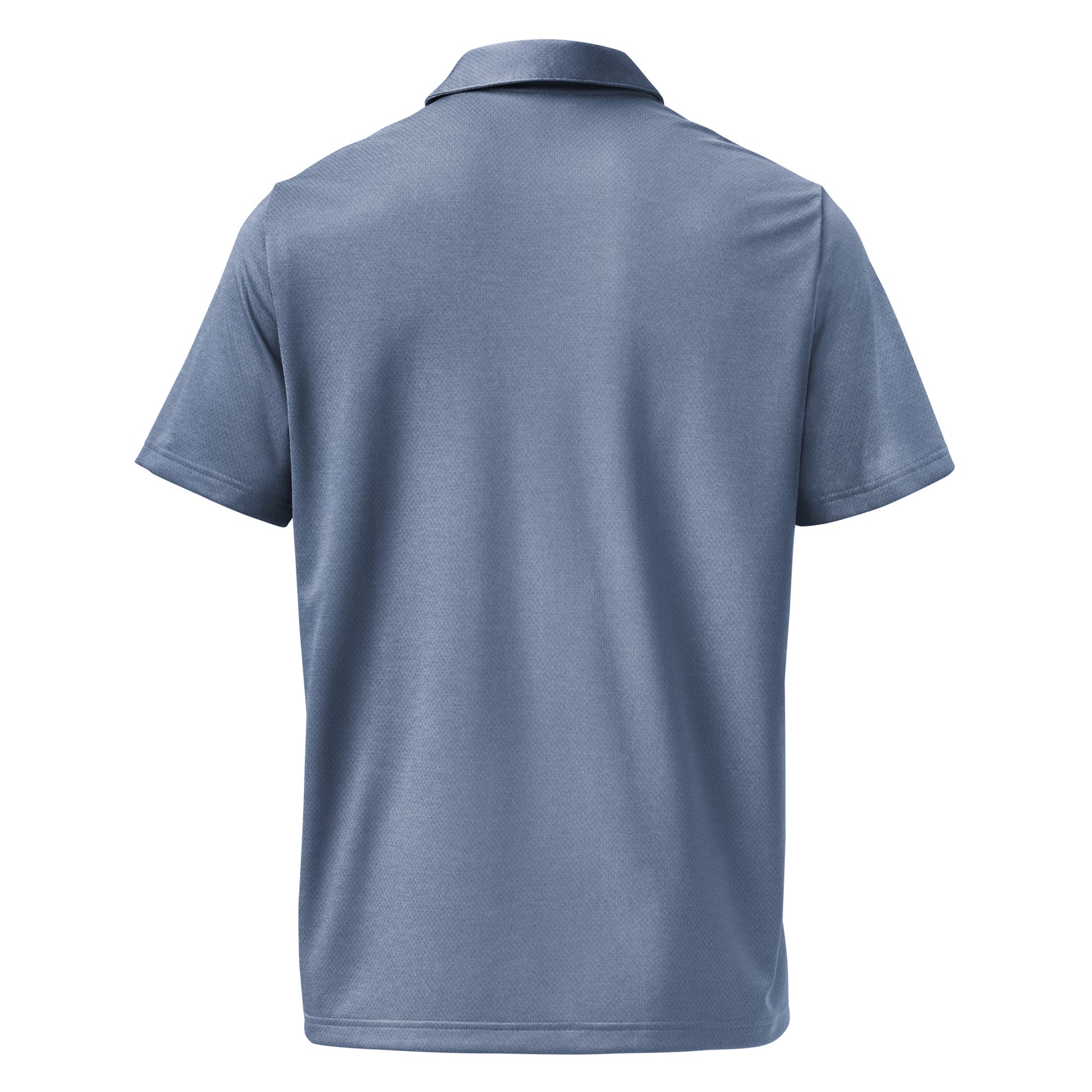 Back view of heather navy space-dyed Adidas polo, plain with marled fabric for easy layering