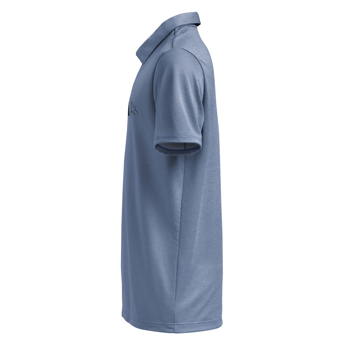 Left side view of heather navy space-dyed Adidas polo, collar popped, smooth short-sleeve profile