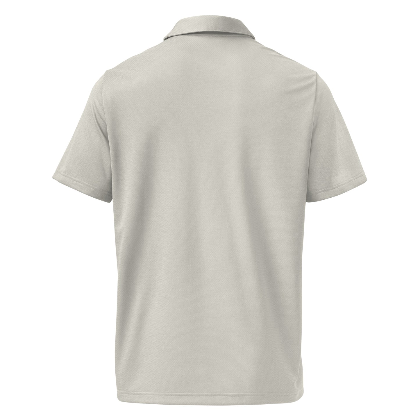 Back view of light heather grey space-dyed Adidas polo, minimalist marled design for golf or memes