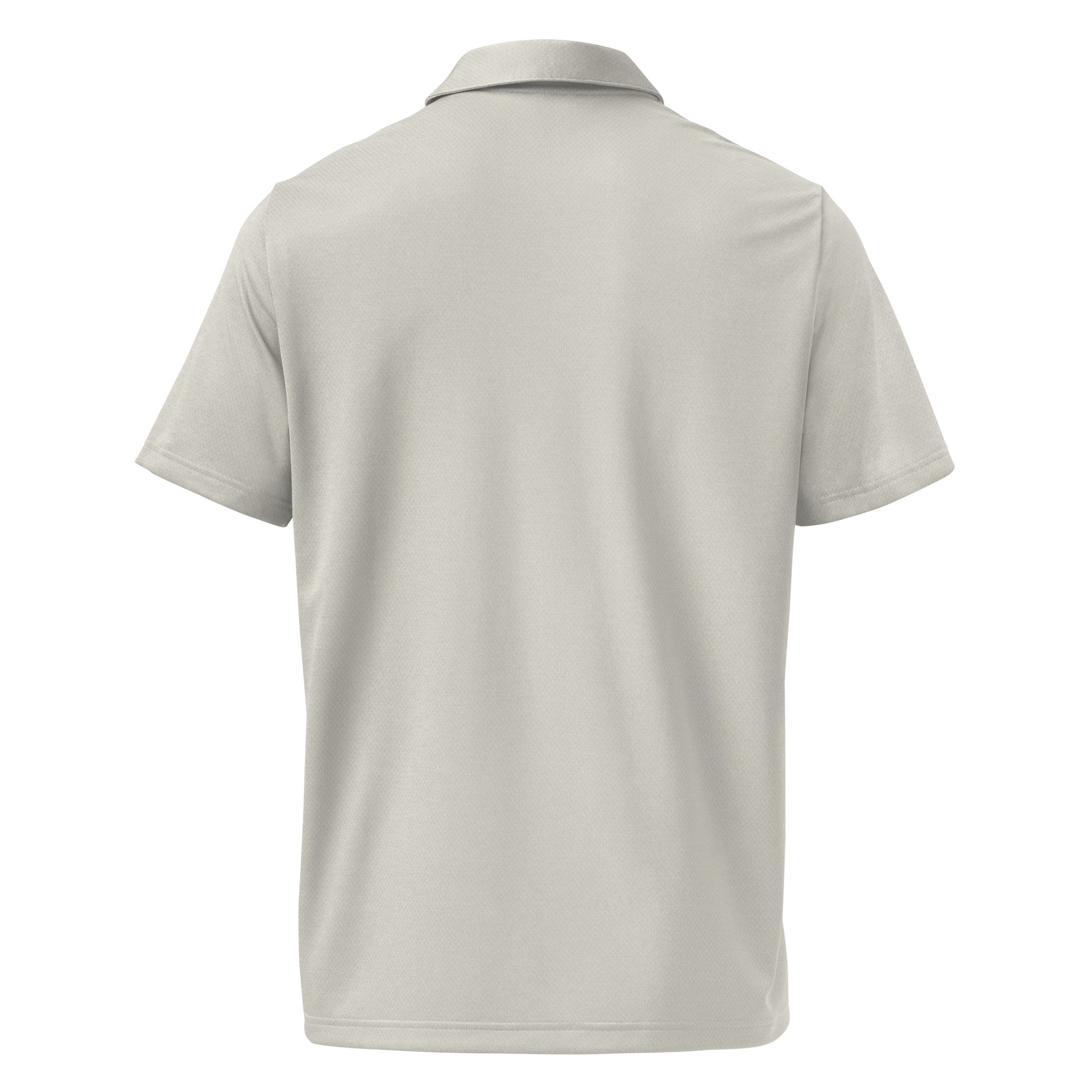 Back view of light heather grey space-dyed Adidas polo, minimalist marled design for golf or memes