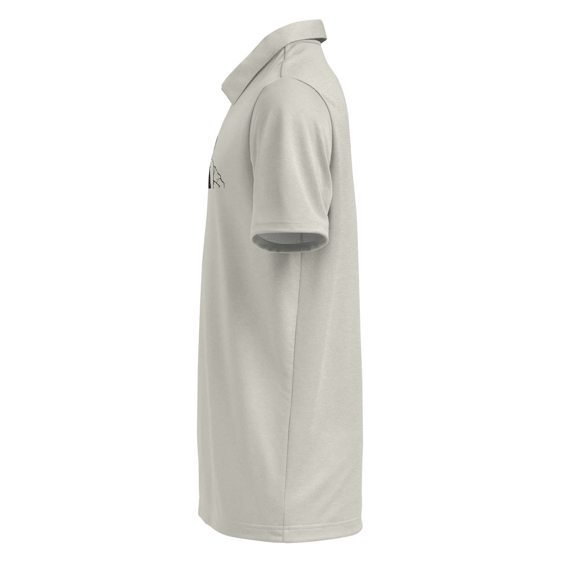 Left side view of light heather grey space-dyed Adidas polo, classic collar and short sleeves